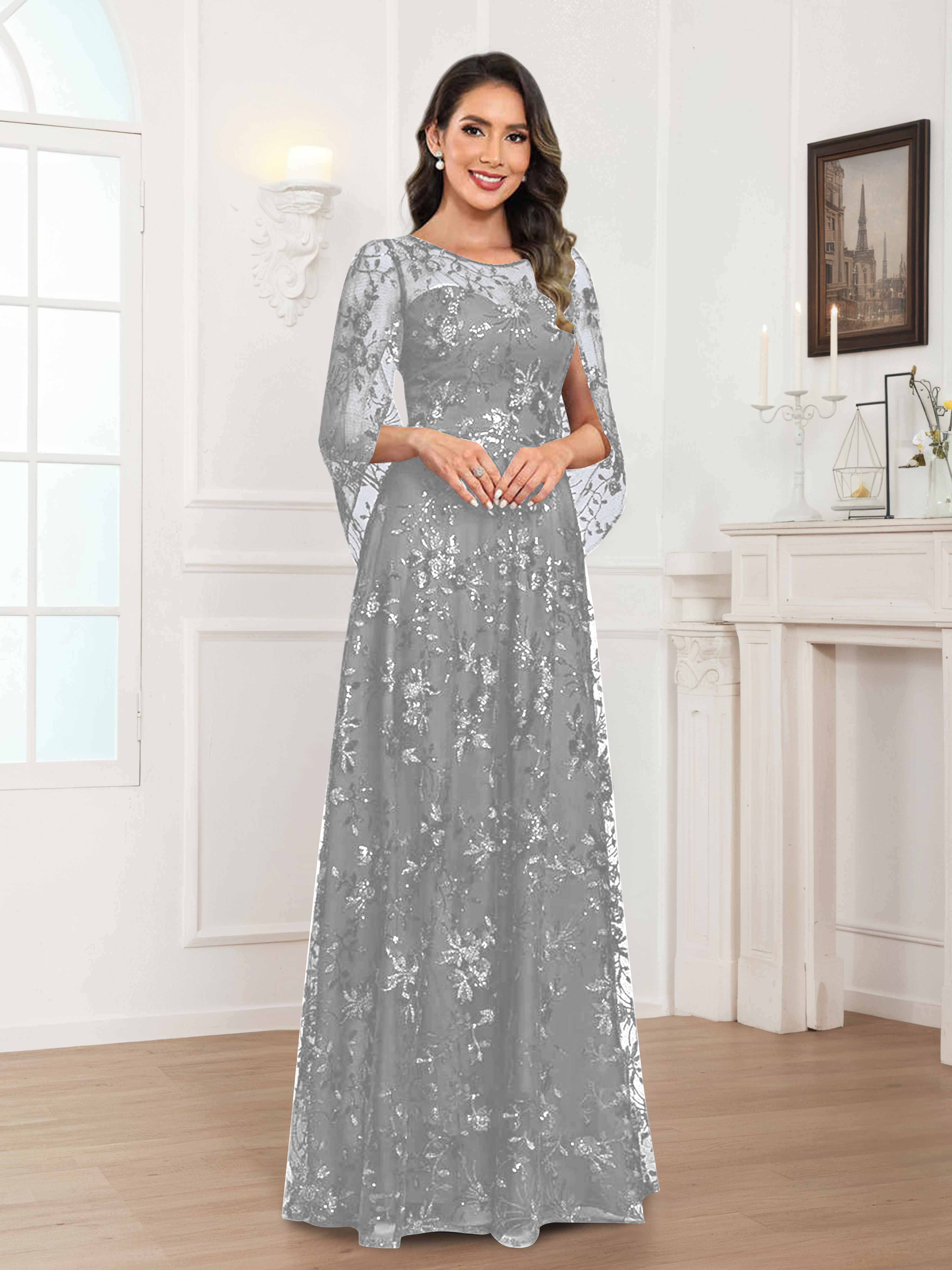 Quenella Chic A-line Illusion Sequin Lace Floor Length Mother of the Bride Dresses