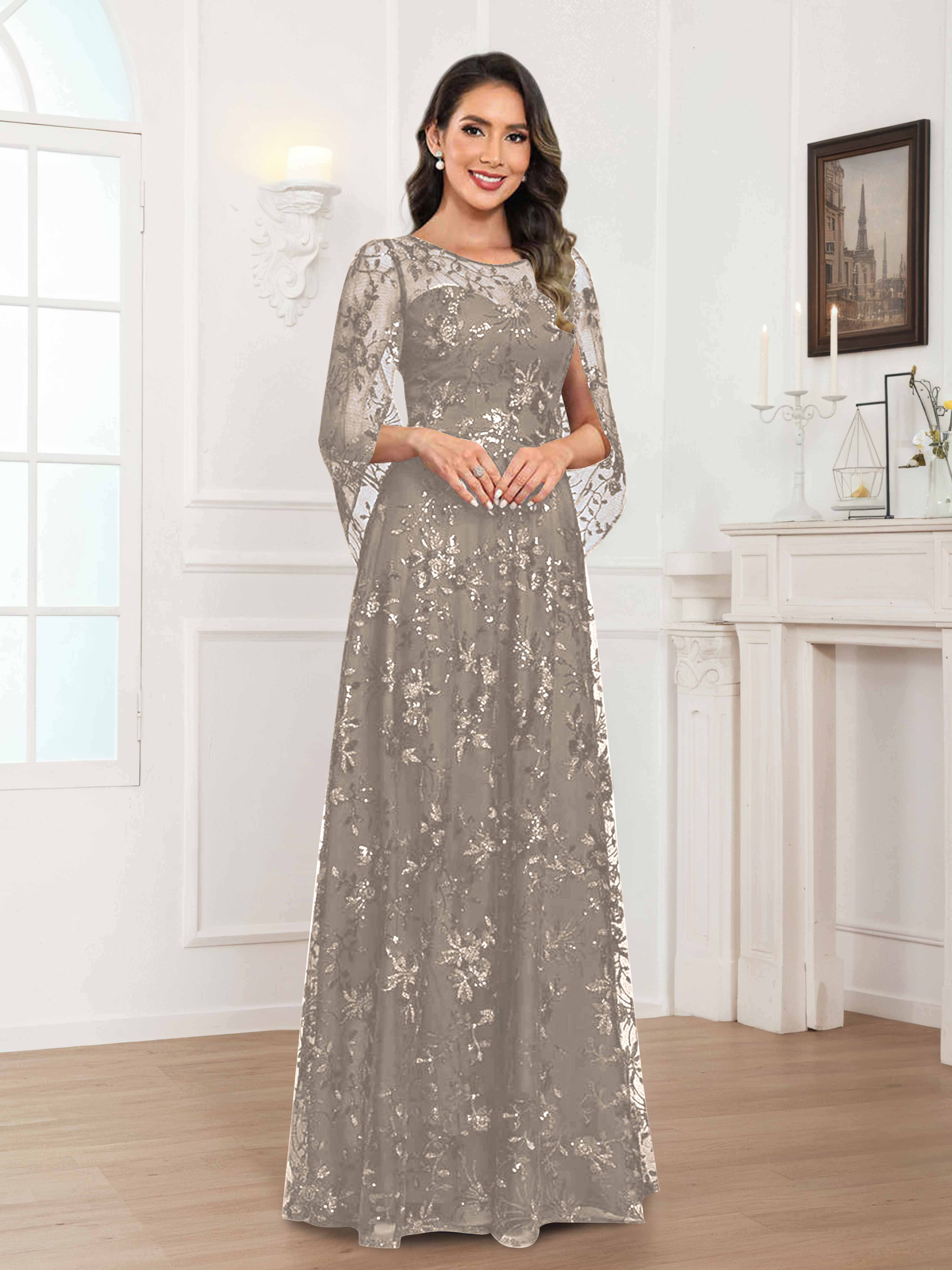 Quenella Chic A-line Illusion Sequin Lace Floor Length Mother of the Bride Dresses