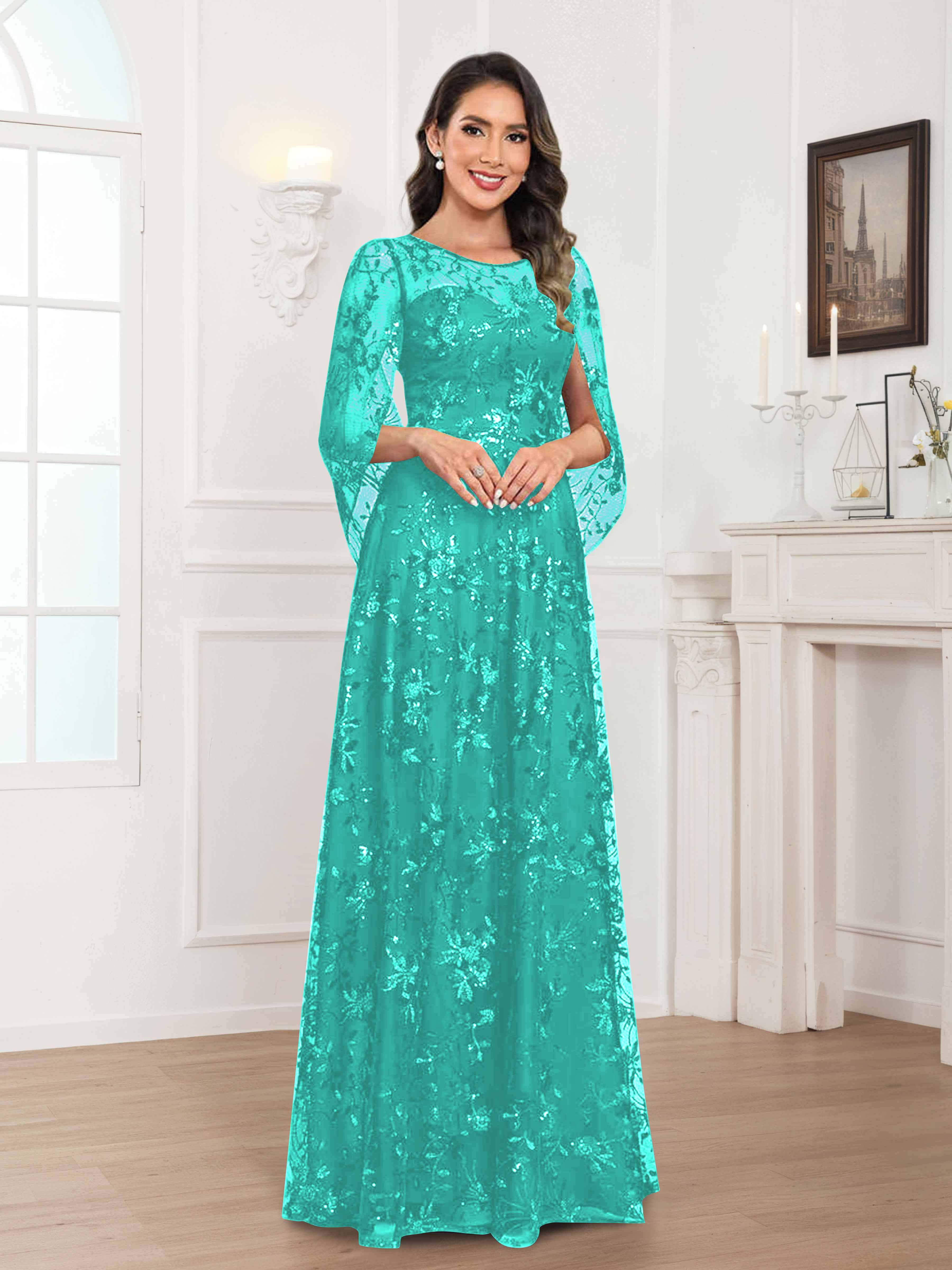 Quenella Chic A-line Illusion Sequin Lace Floor Length Mother of the Bride Dresses