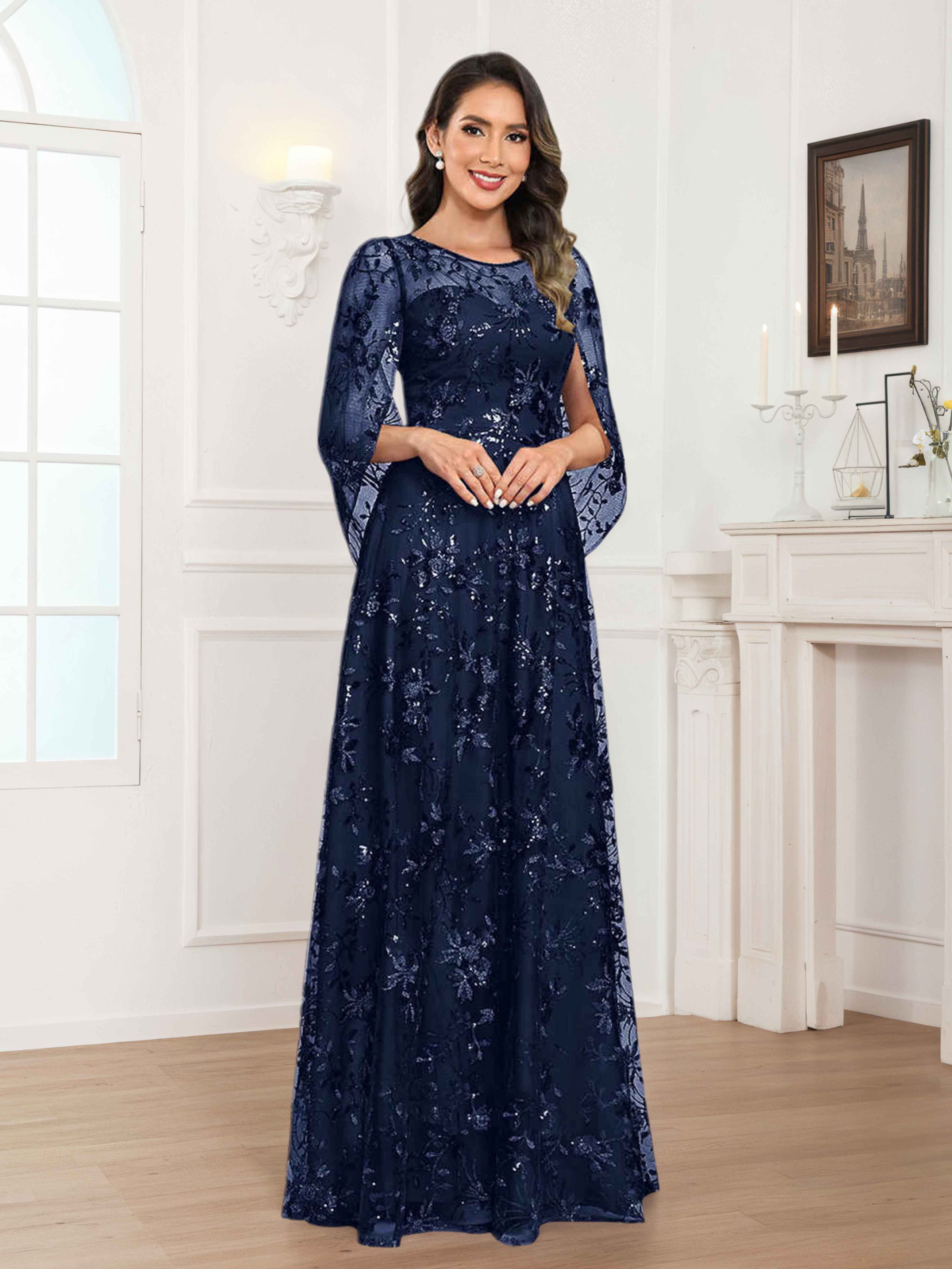 Quenella Chic A-line Illusion Sequin Lace Floor Length Mother of the Bride Dresses