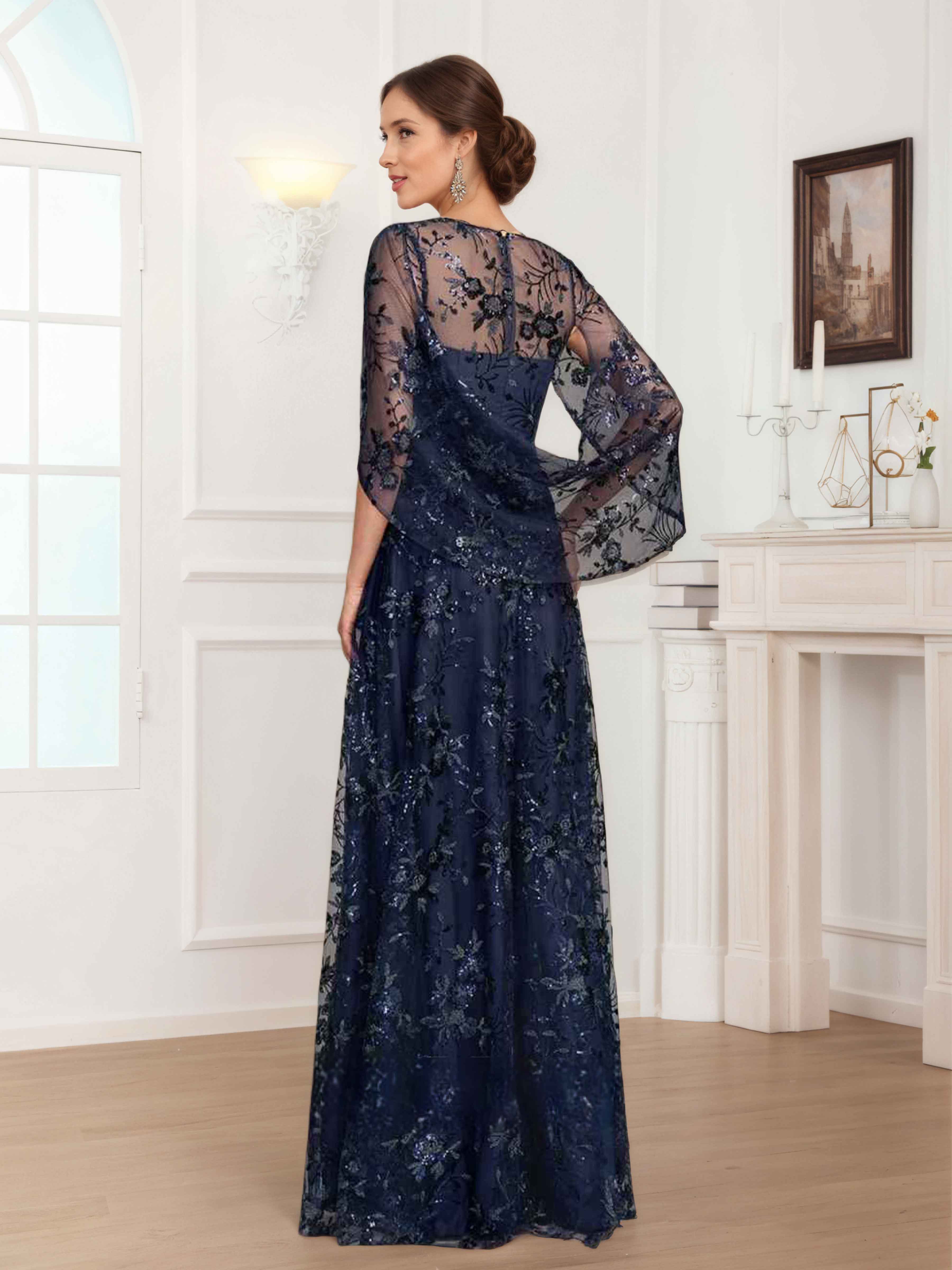Quenella Chic A-line Illusion Sequin Lace Floor Length Mother of the Bride Dresses