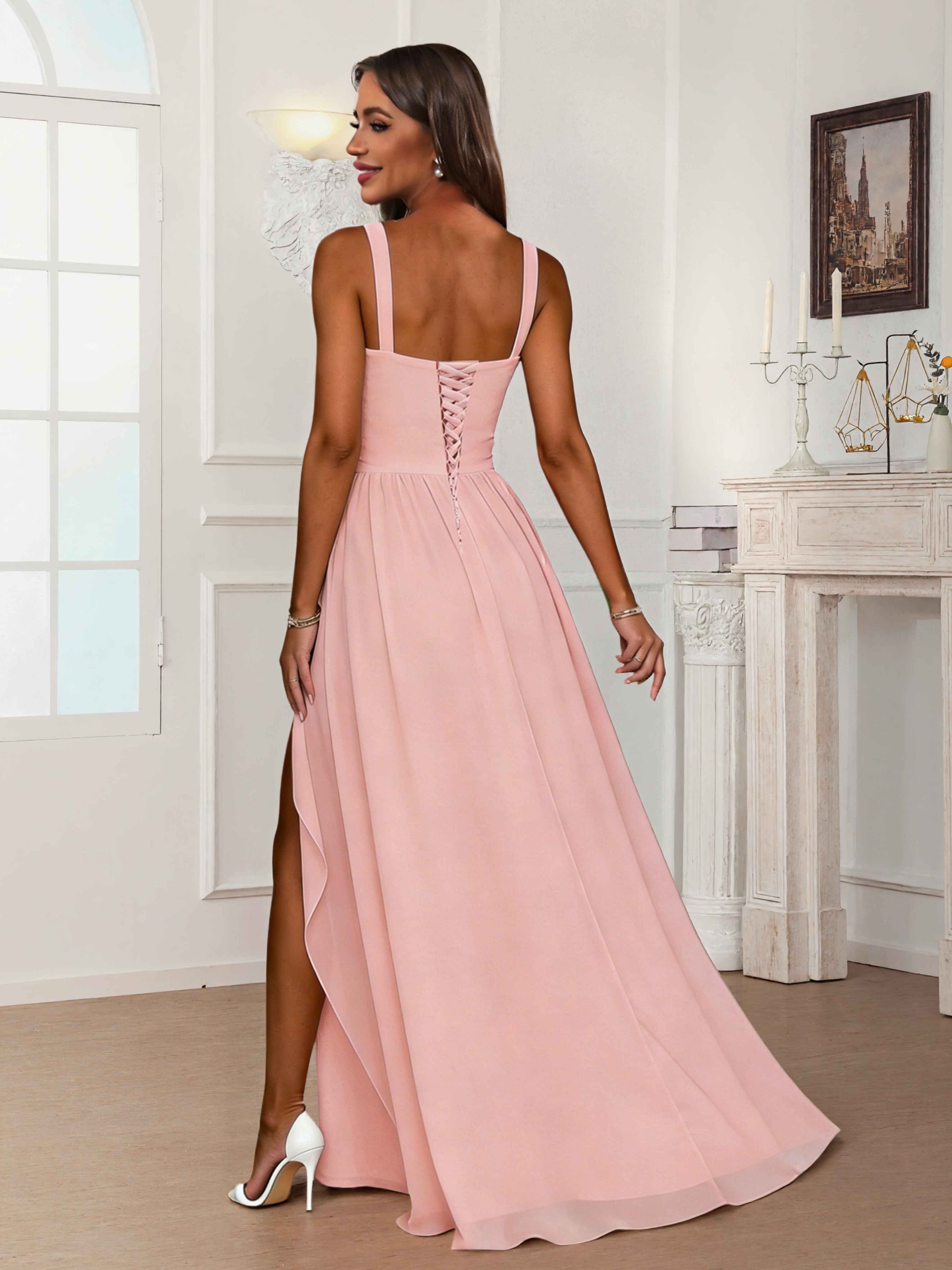 Raelithra A-Line V Neck Pleated Slit Long Chiffon Bridesmaid Dresses