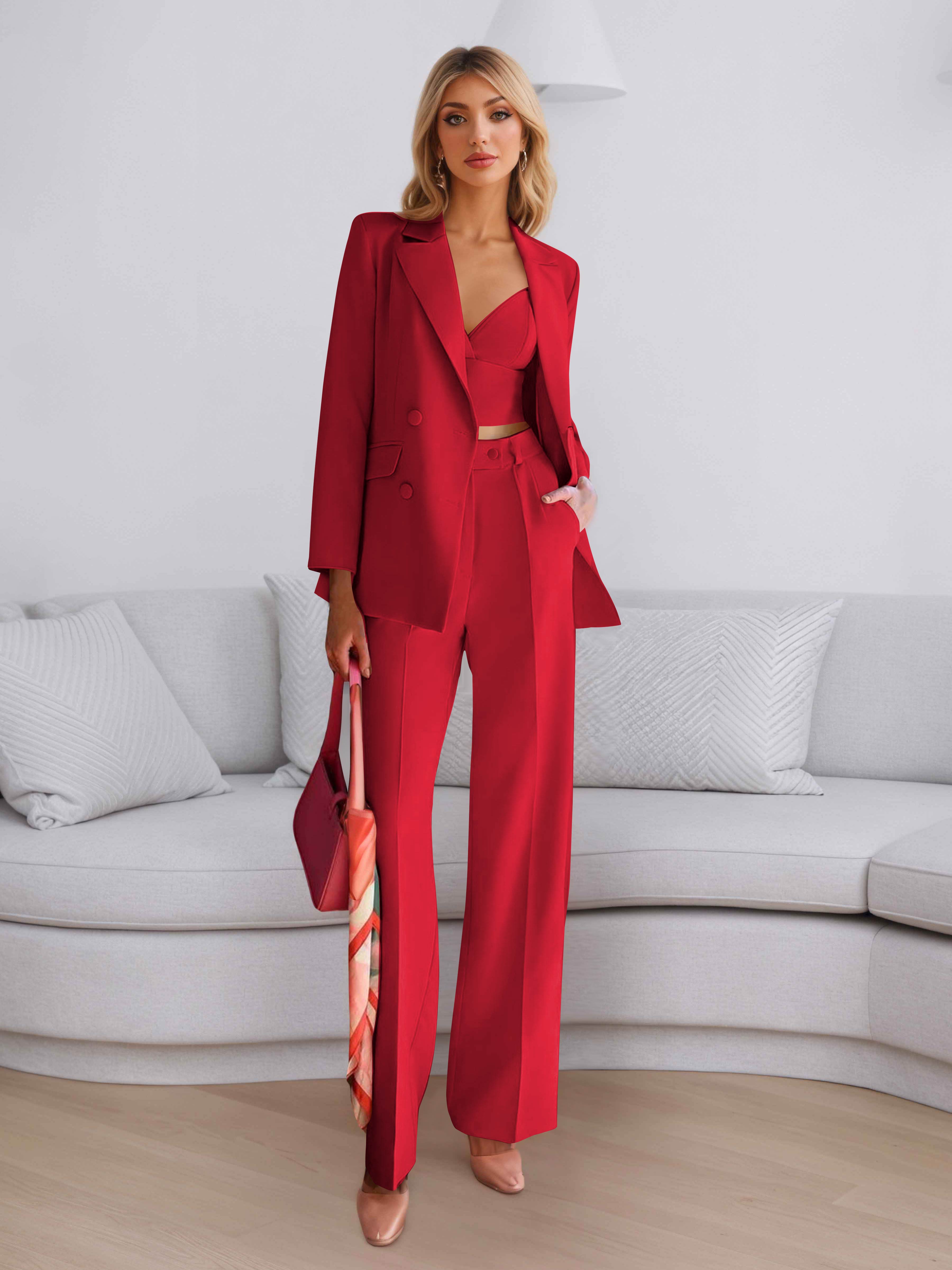 Elegant Women's 3 Pieces Solid Formal Blazer and Pants Suit Set