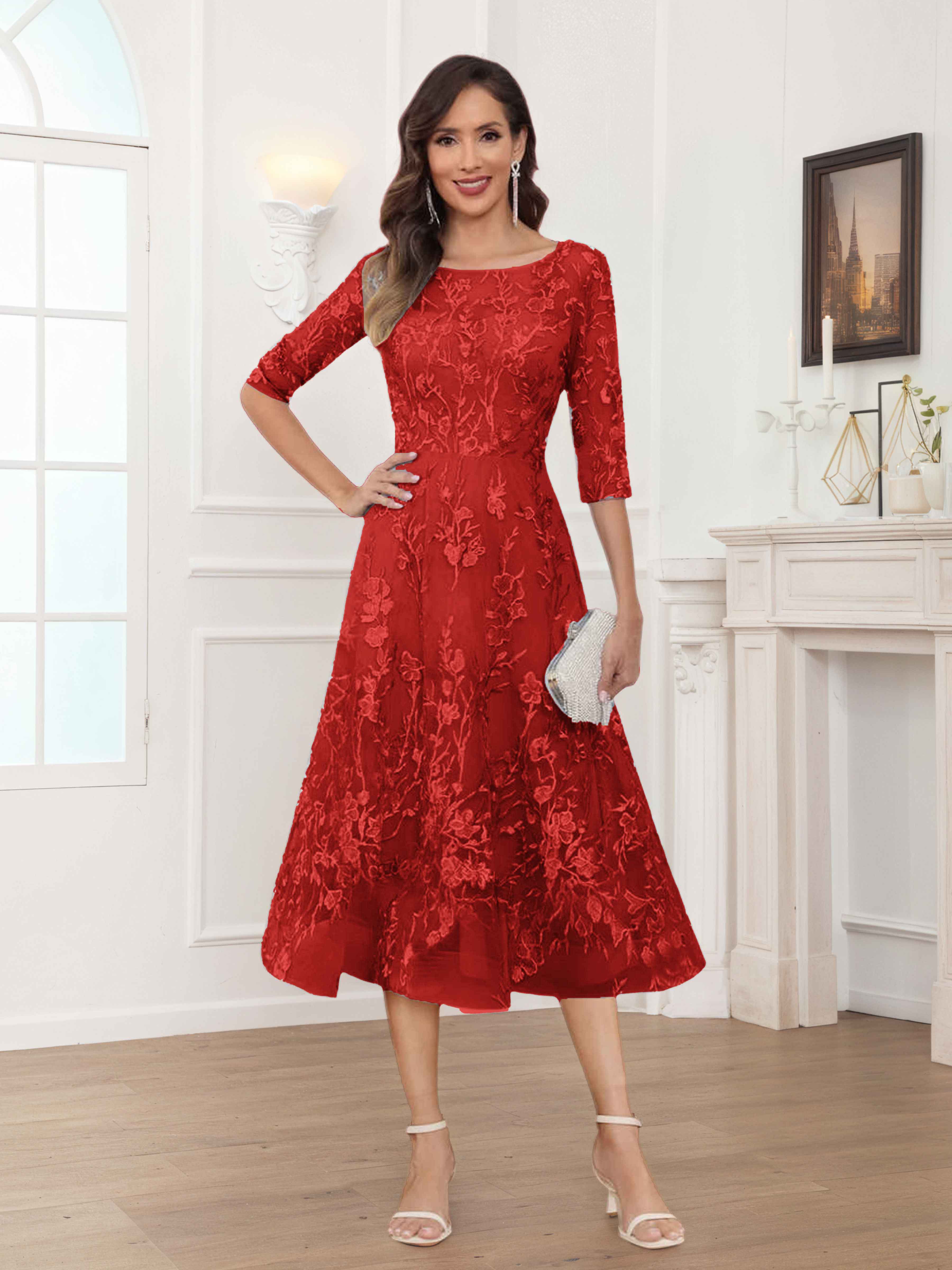 Pax Exquisite A-Line Illusion Lace Tea Length Mother of The Bride Dresses