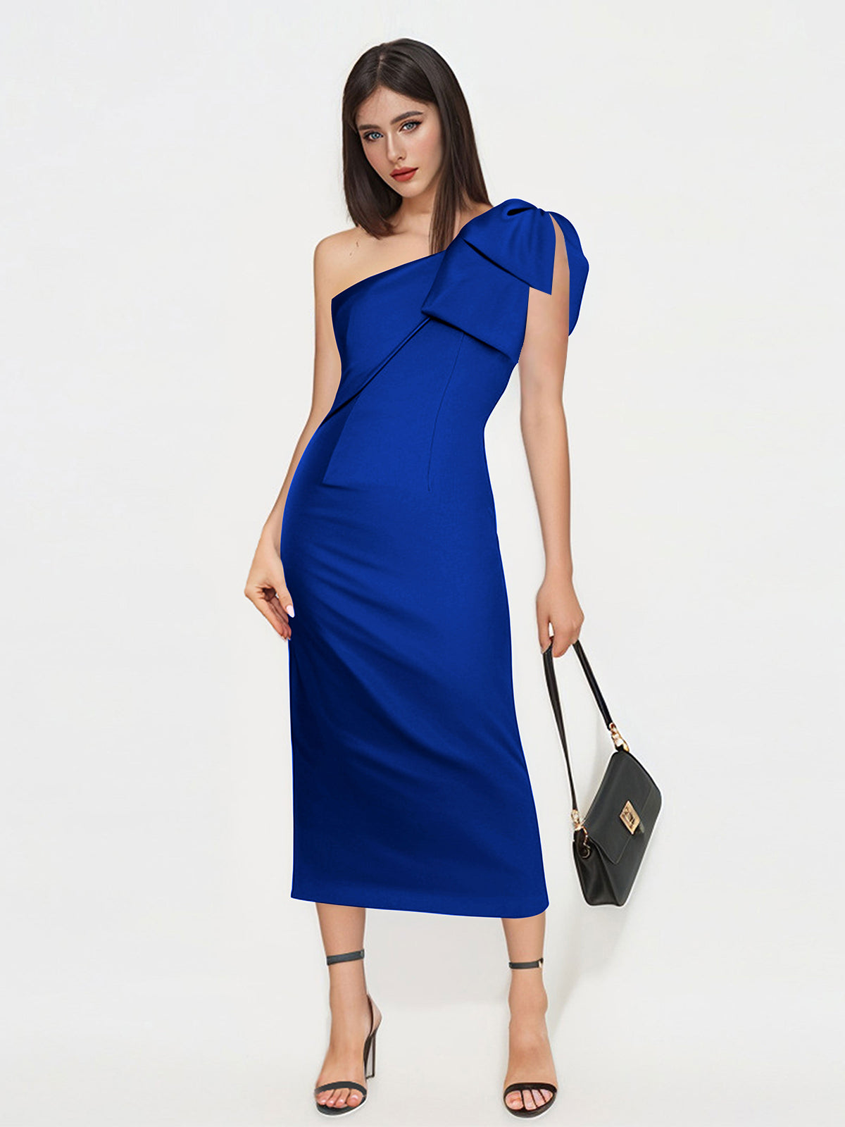 Reina Sheath One Shoulder Bow Midi Satin Wedding Guest Dresses Reina Sheath One Shoulder Bow Midi Satin Wedding Guest Dresses