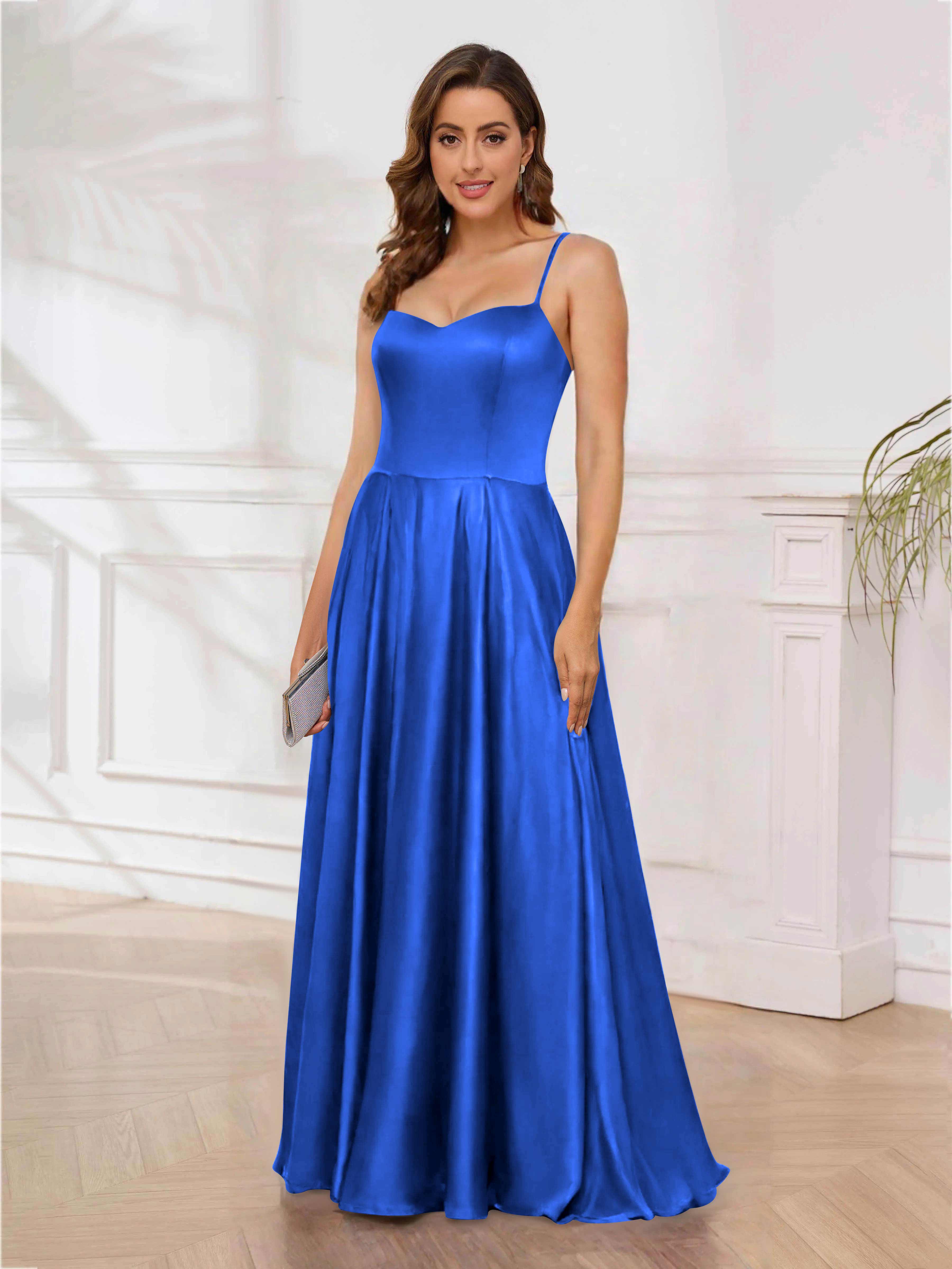 Rhea Simple A-Line Spaghetti Straps Long Satin Formal Dresses, Royal Blue Rhea Simple A-Line Spaghetti Straps Long Satin Formal Dresses, Royal Blue