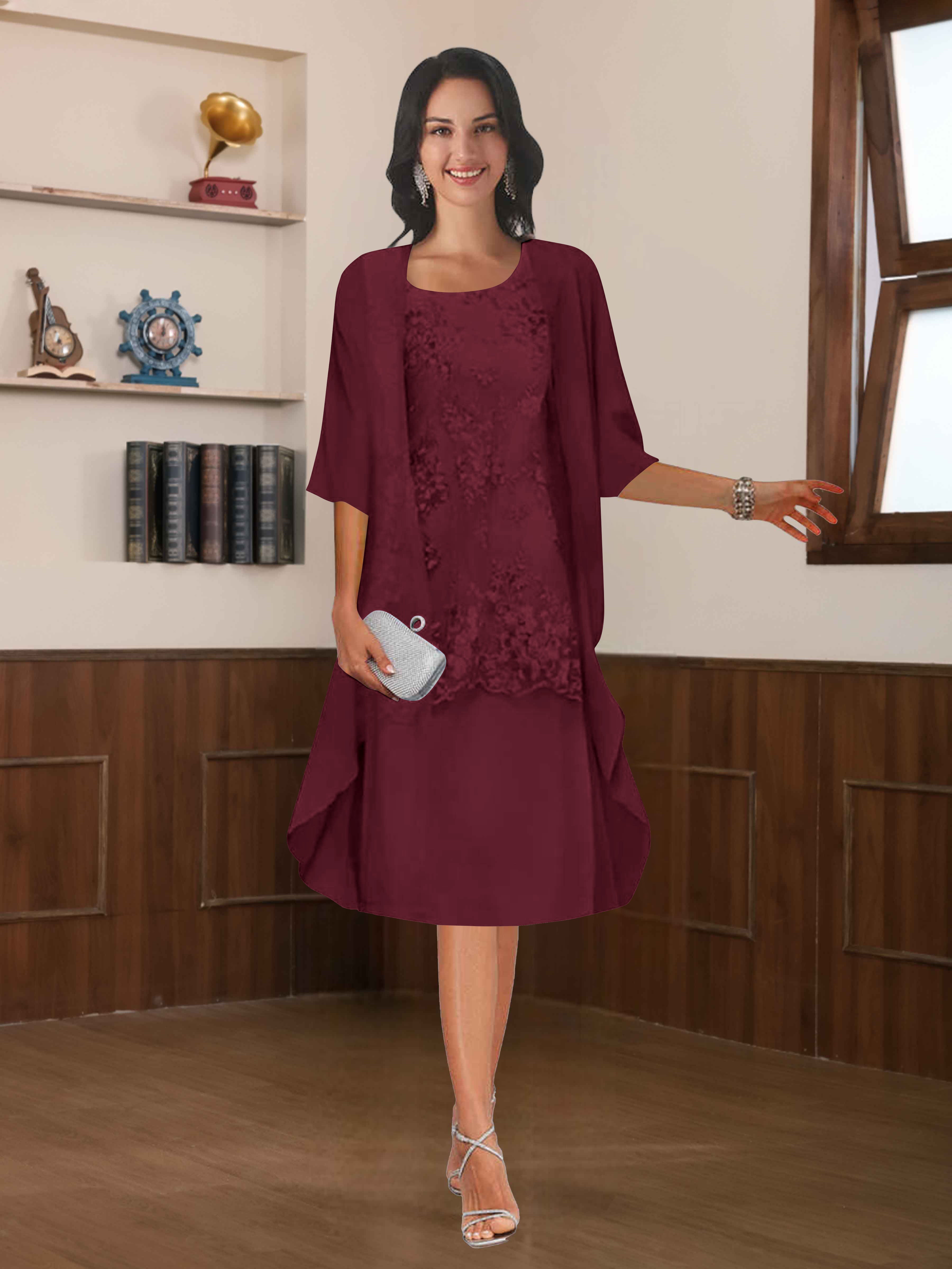 mother of the bride dresses knee length Rhosyn Modern Two Pieces Scoop