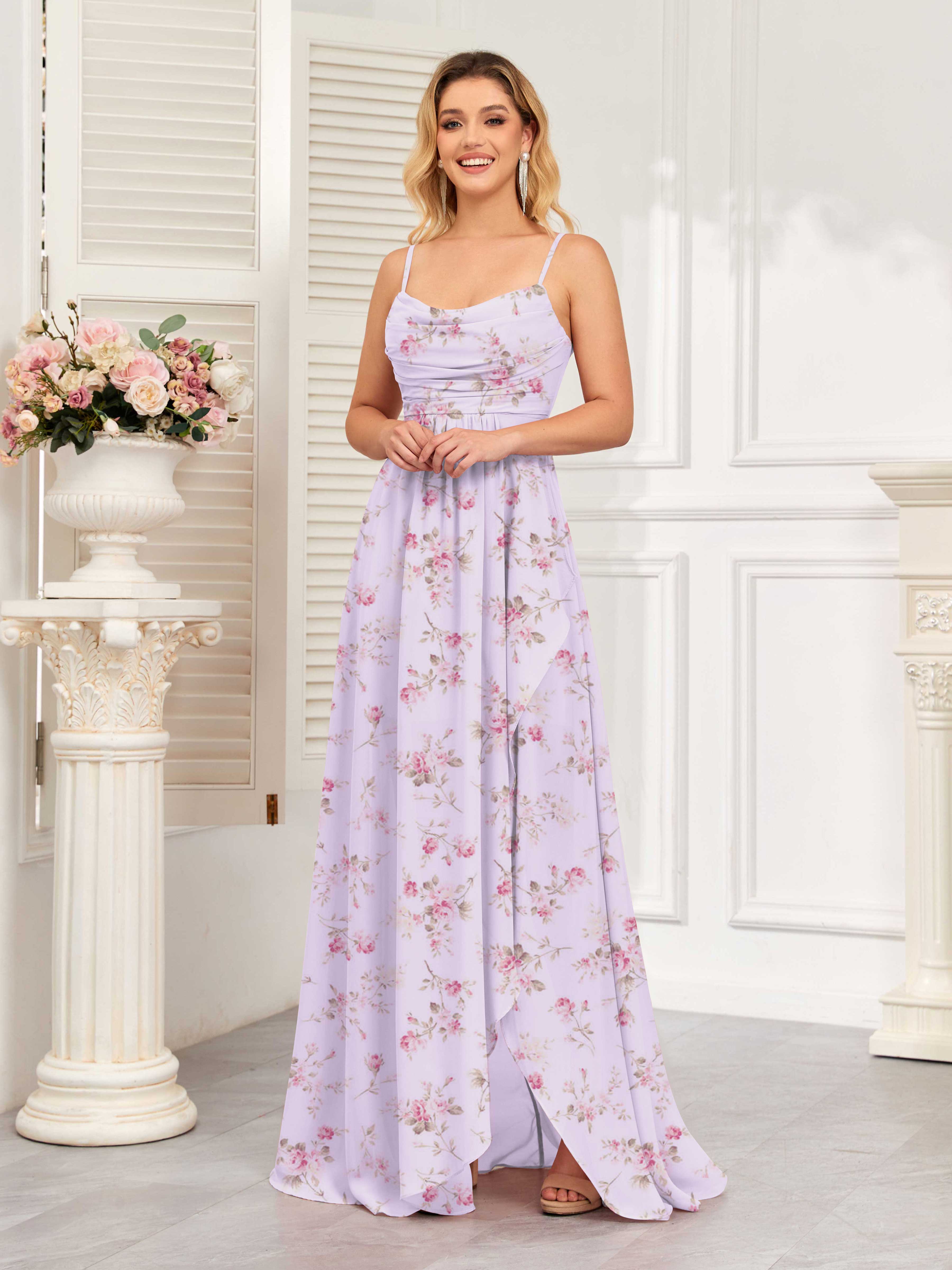 Rose Floral A-Line Cowl Sleeveless Slit Long Chiffon Bridesmaid Dresses, Lilac Rose Floral A-Line Cowl Sleeveless Slit Long Chiffon Bridesmaid Dresses, Lilac