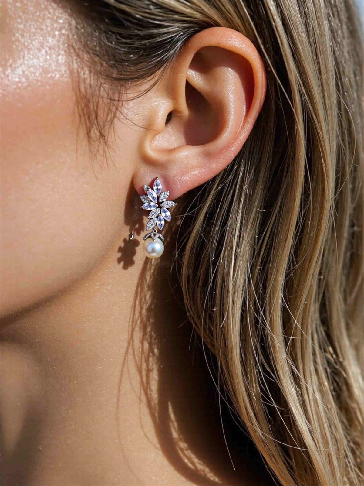 Rose Gold Leaf Bridal Drop Earrings with Pearls