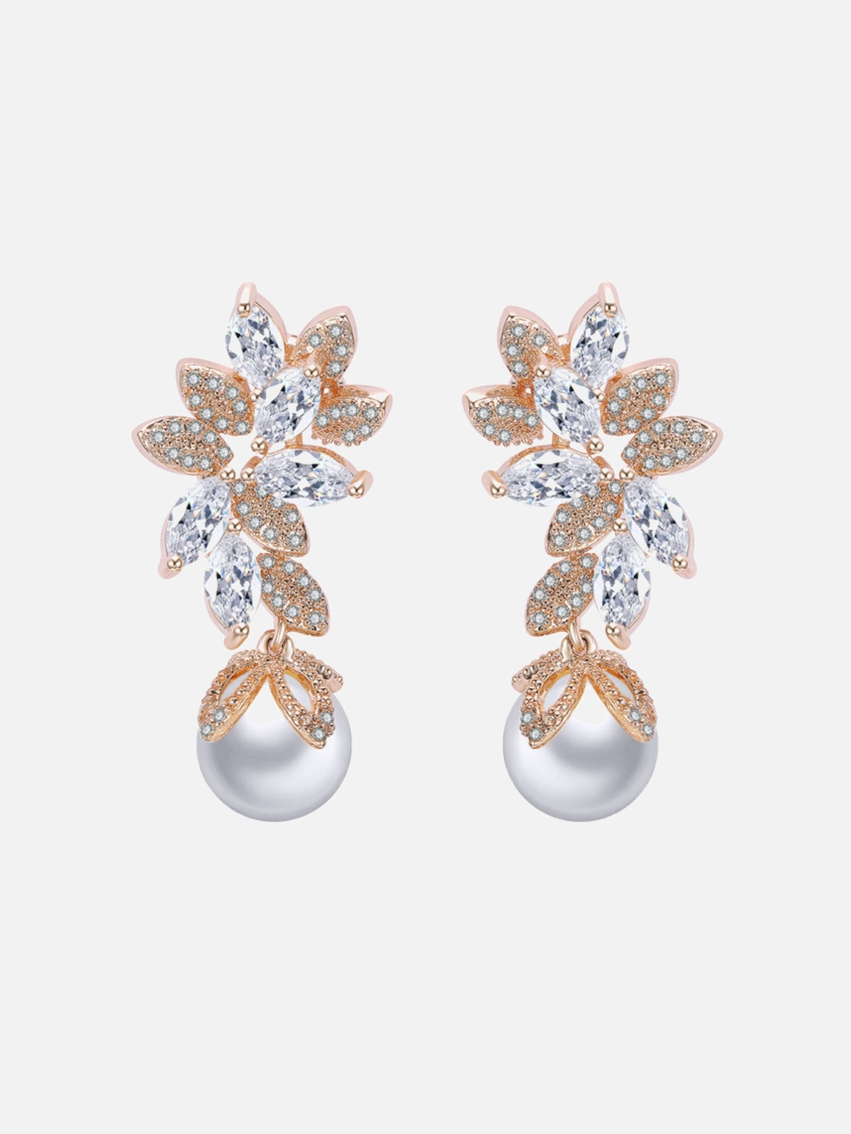 Rose Gold Leaf Bridal Drop Earrings with Pearls