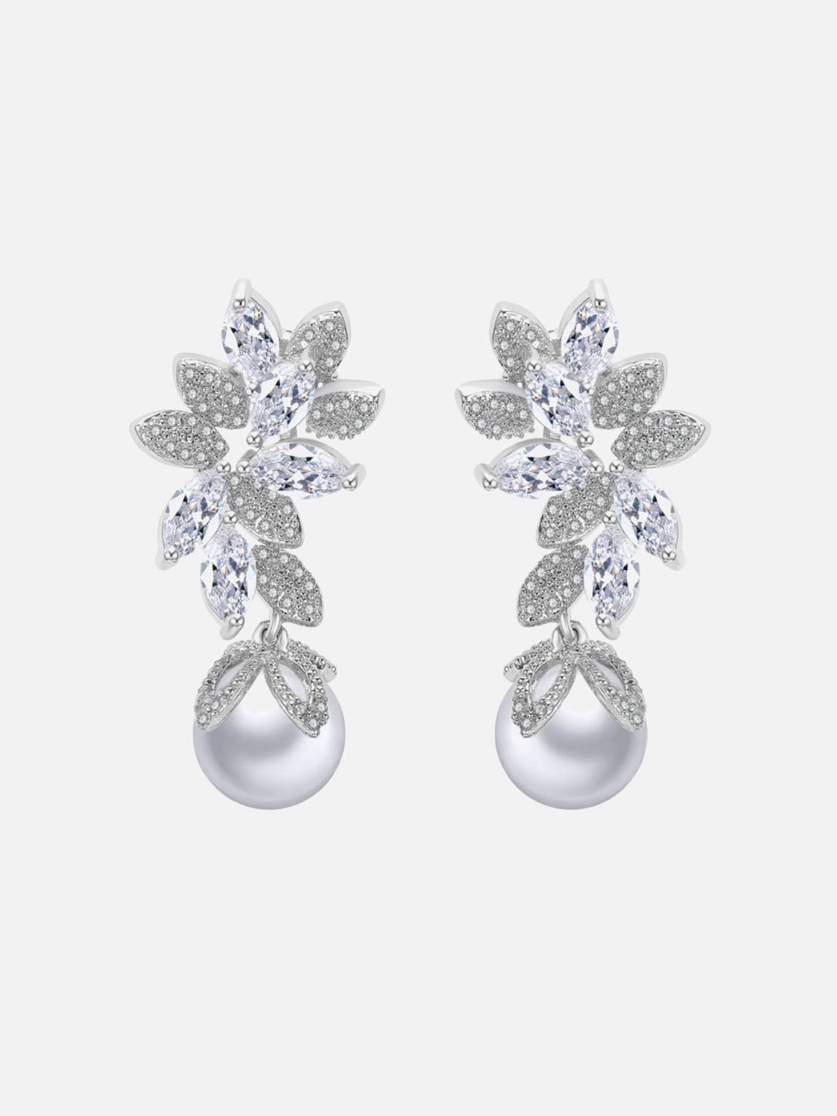 Rose Gold Leaf Bridal Drop Earrings with Pearls