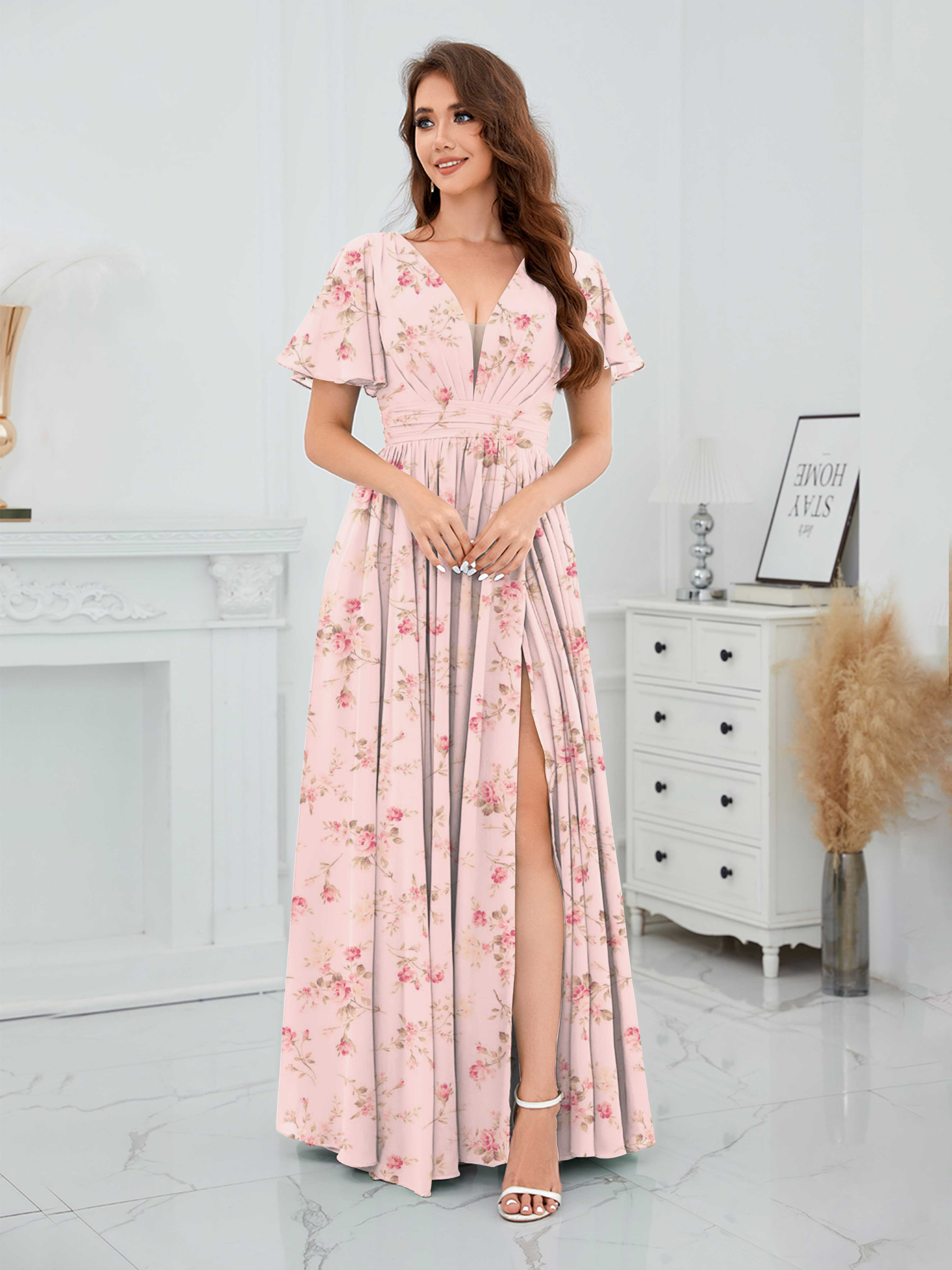 Rose Floral V Neck Short Sleeves Slit Long Chiffon Bridesmaid Dresses Rose Floral V Neck Short Sleeves Slit Long Chiffon Bridesmaid Dresses