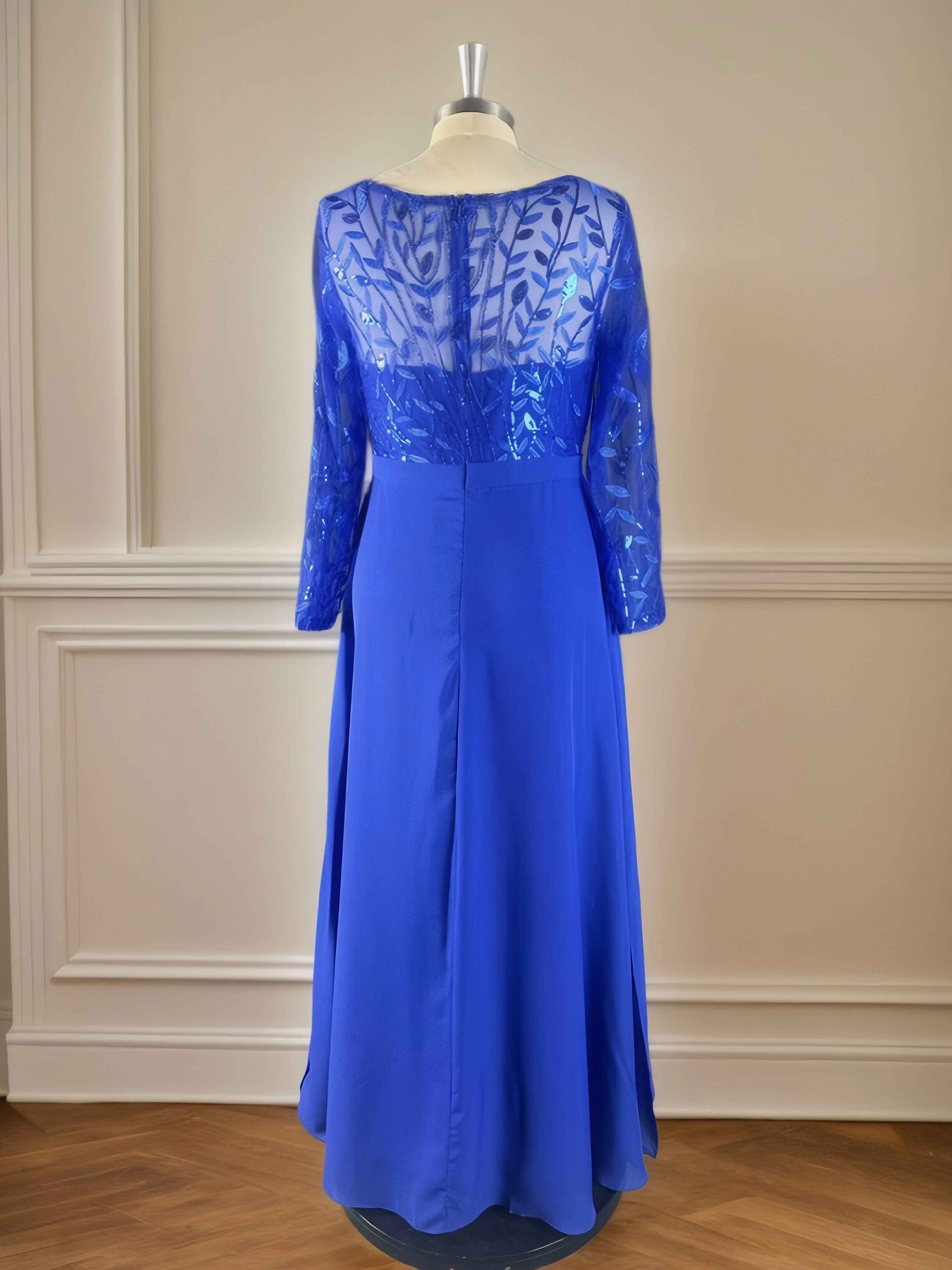 Royal Blue A-Line Illusion Floor Length Tulle Mother of the Bride Dresses