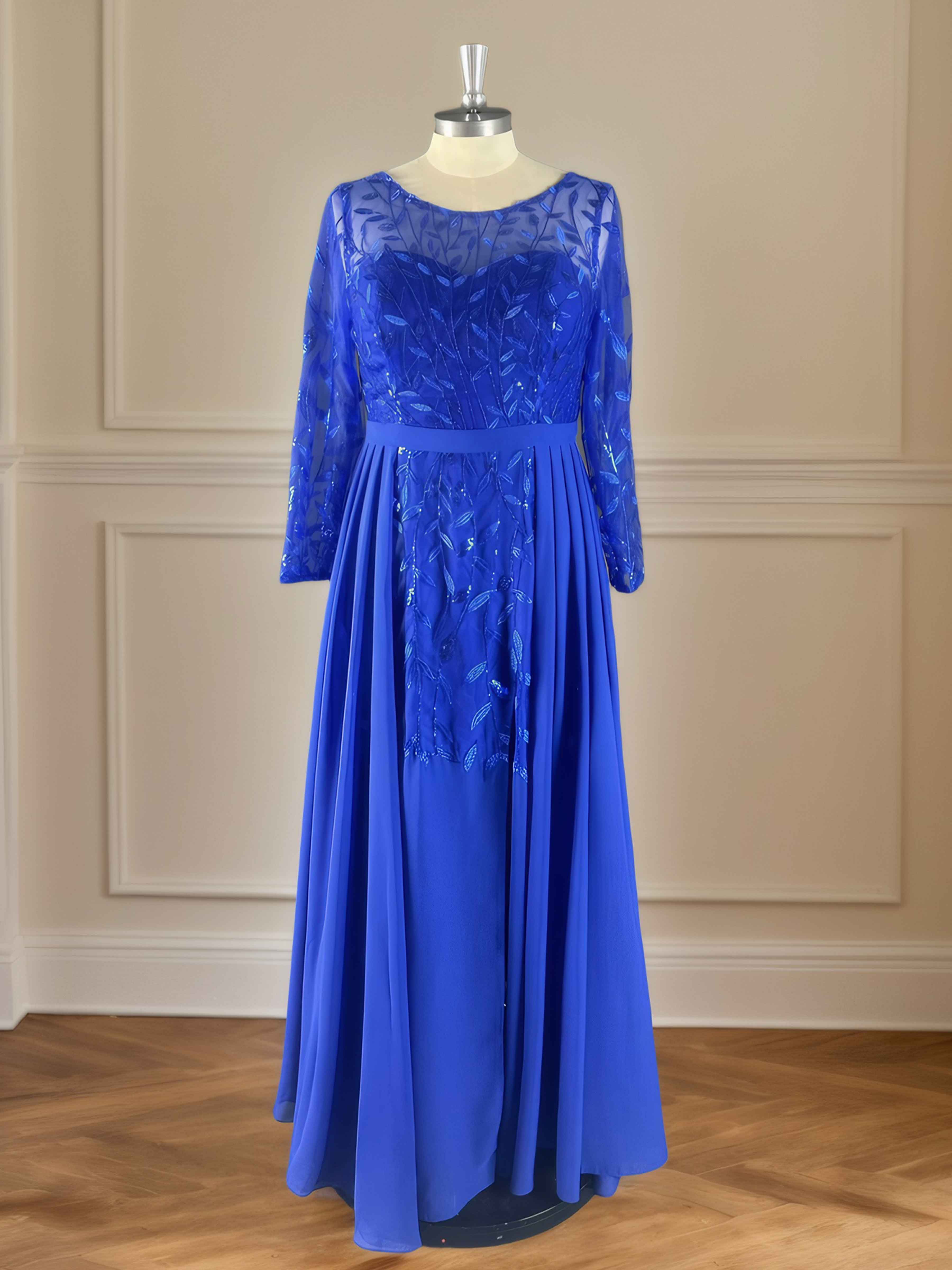 Royal Blue A-Line Illusion Floor Length Tulle Mother of the Bride Dresses