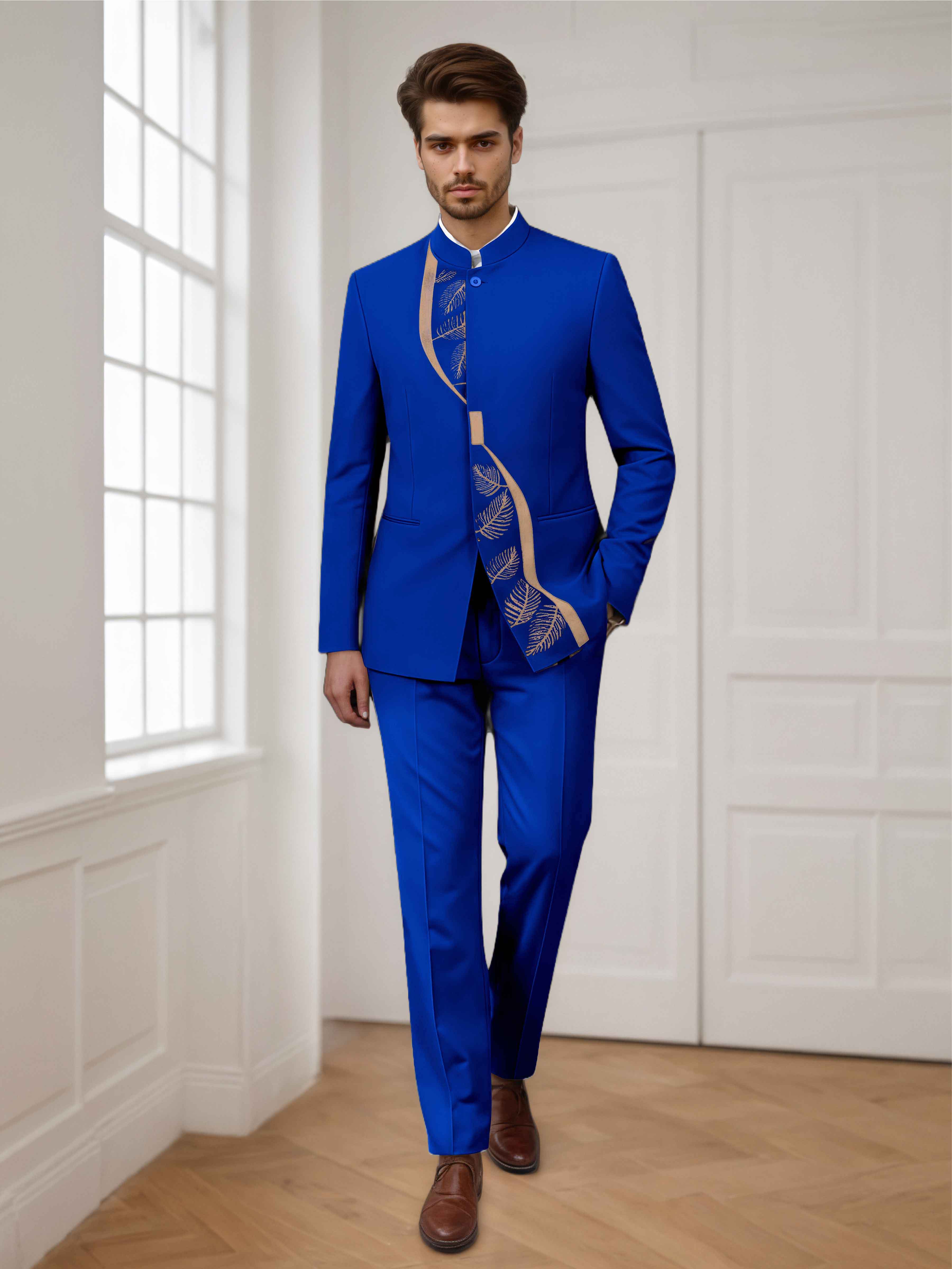 Trendy 2 Pieces Men's Embroidered Stand Lapel Formal Suit
