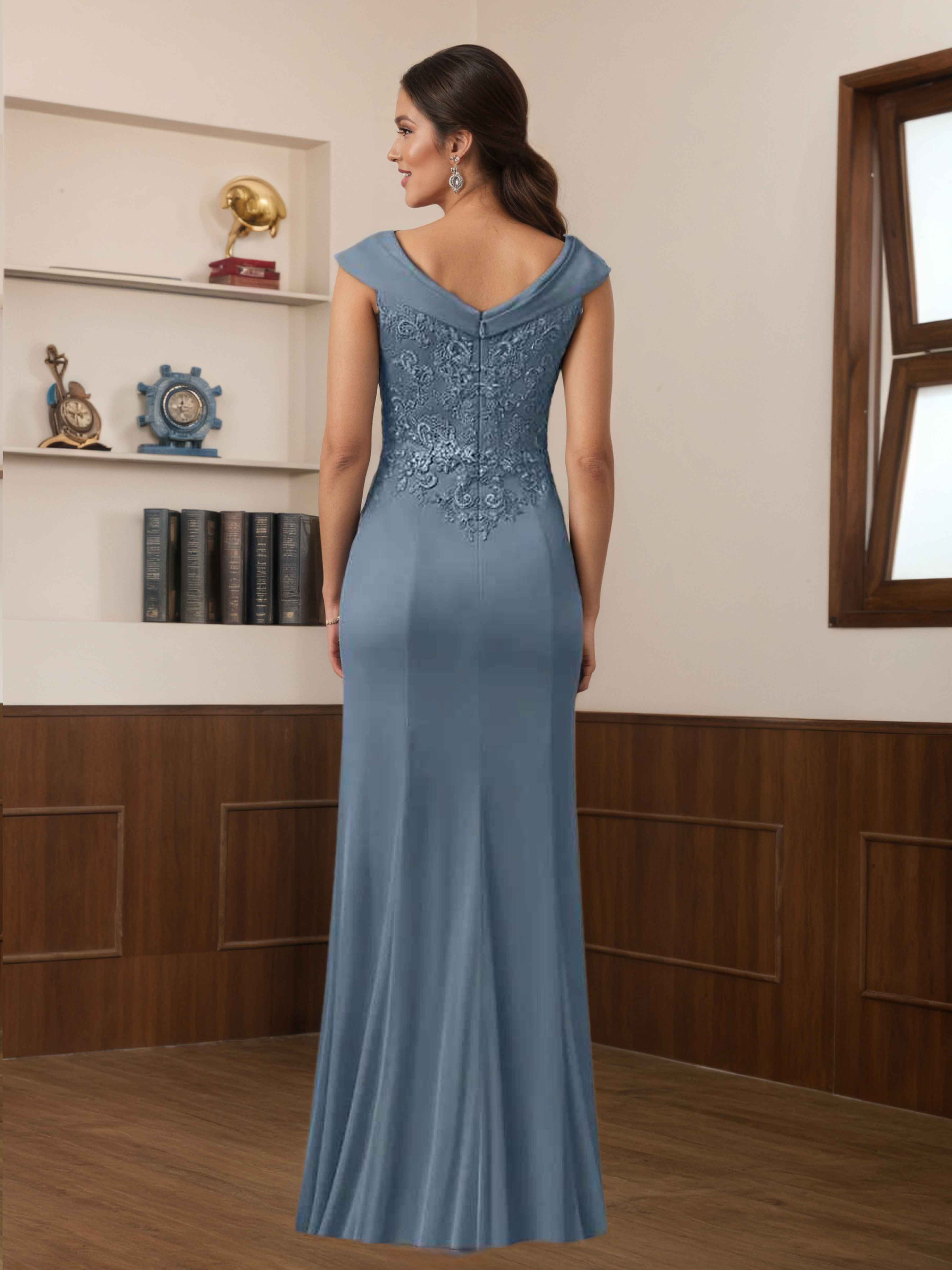 Runa Delicate V-Neck Appliques Slit Chiffon Mother of the Bride Dresses