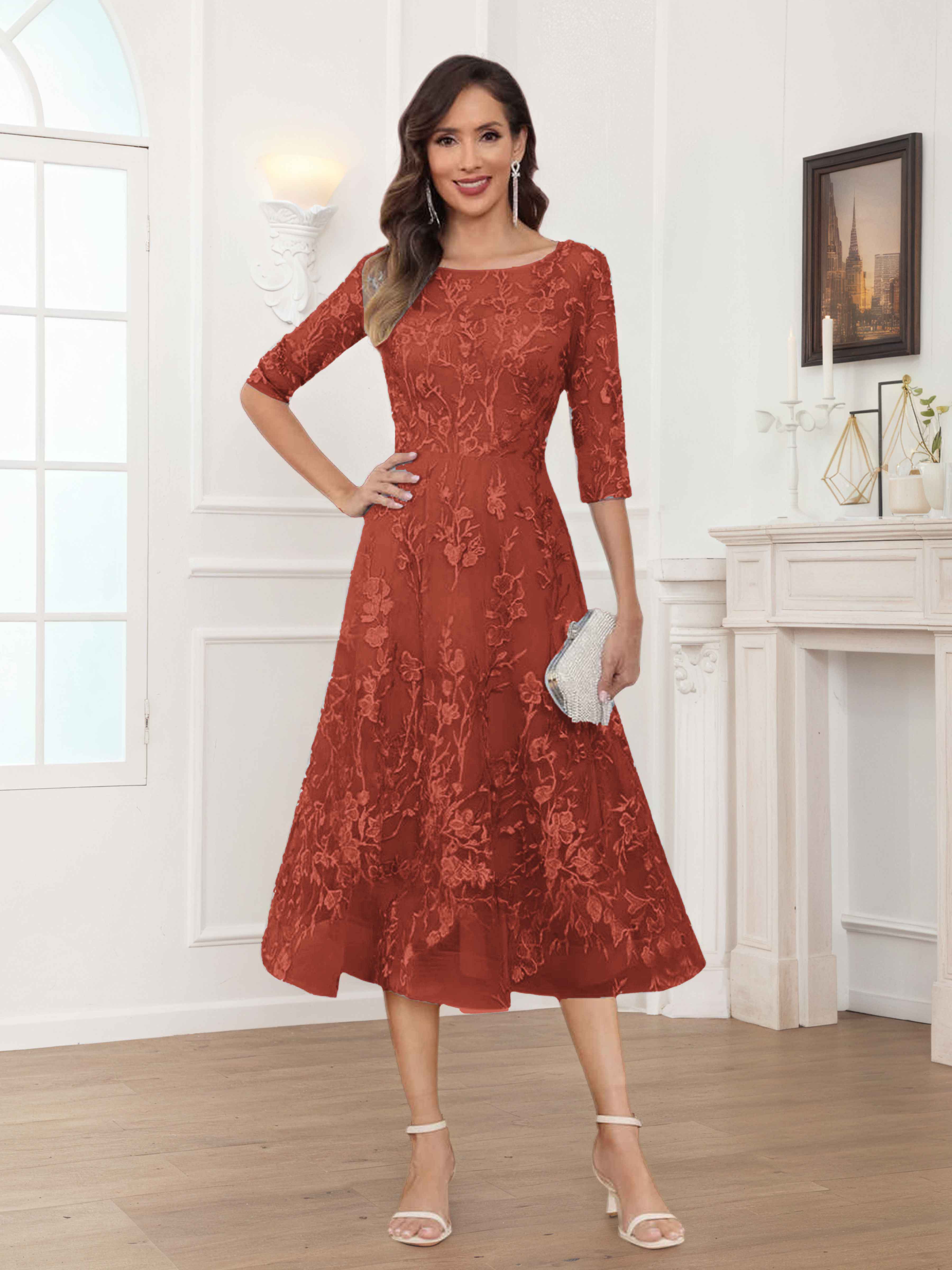 Pax Exquisite A-Line Illusion Lace Tea Length Mother of The Bride Dresses