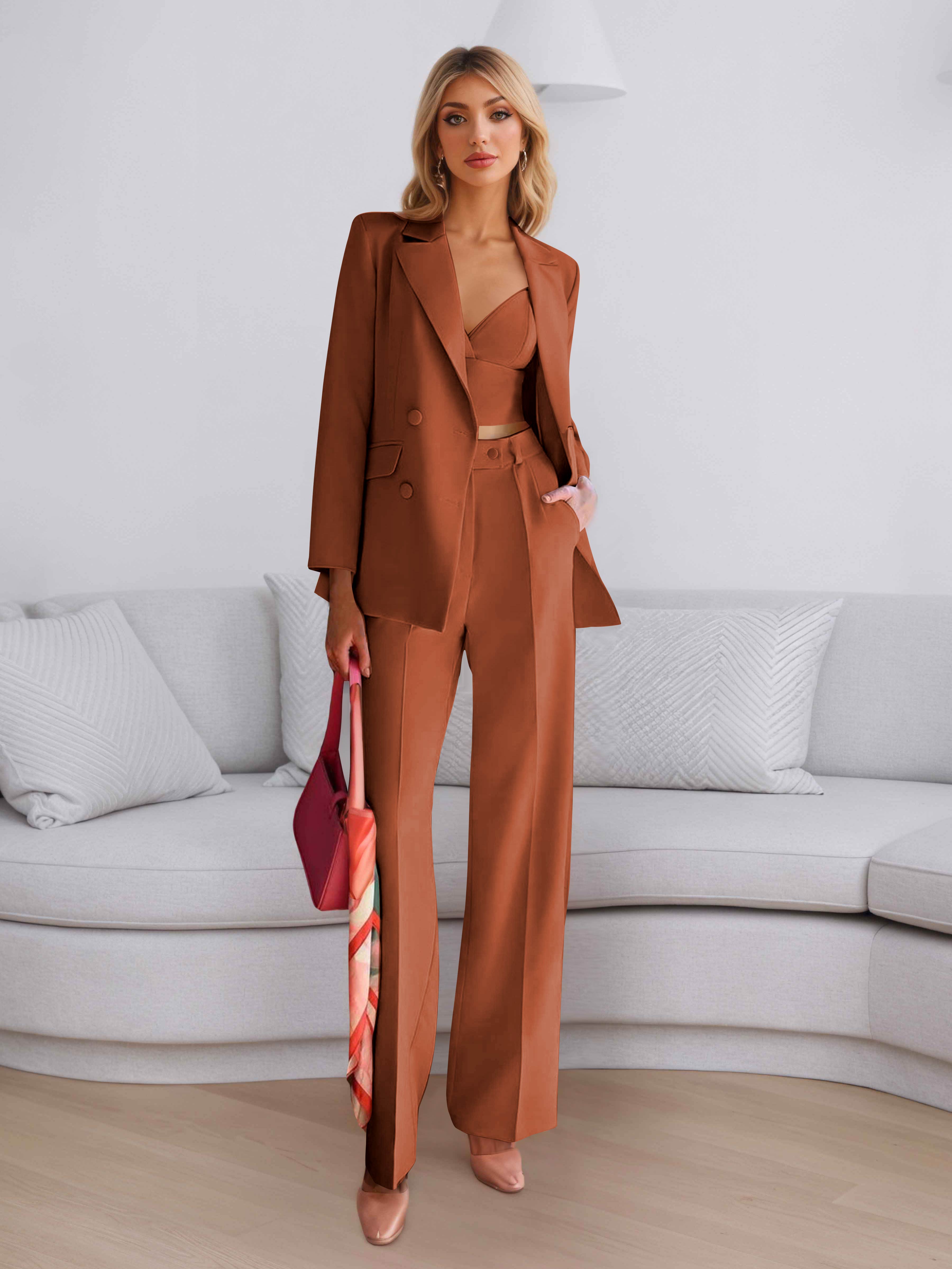 Elegant Women's 3 Pieces Solid Formal Blazer and Pants Suit Set