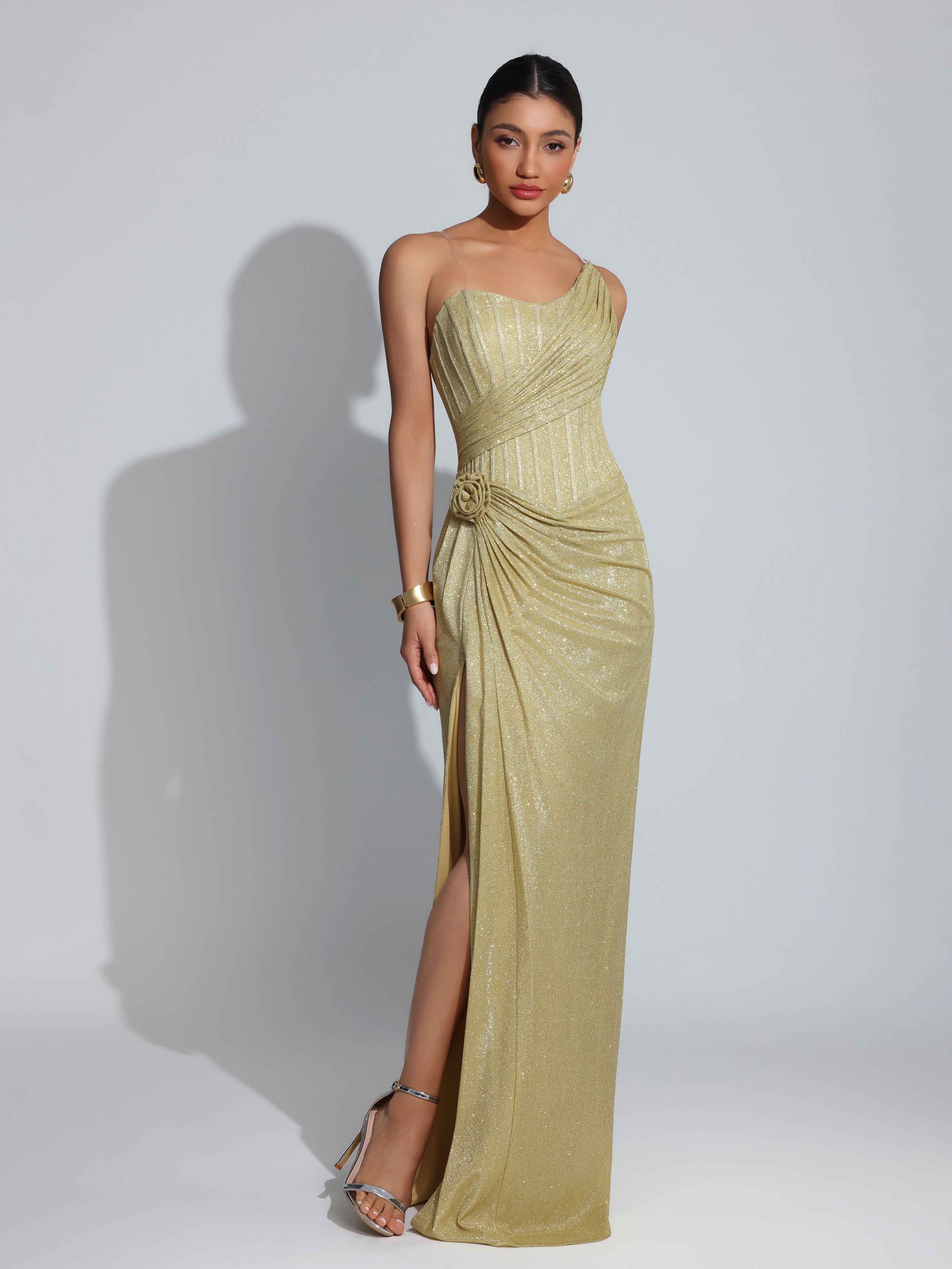 Saelith Stunning Sheath One Shoulder Flower Pleated Slit Long Glitter Prom Dresses