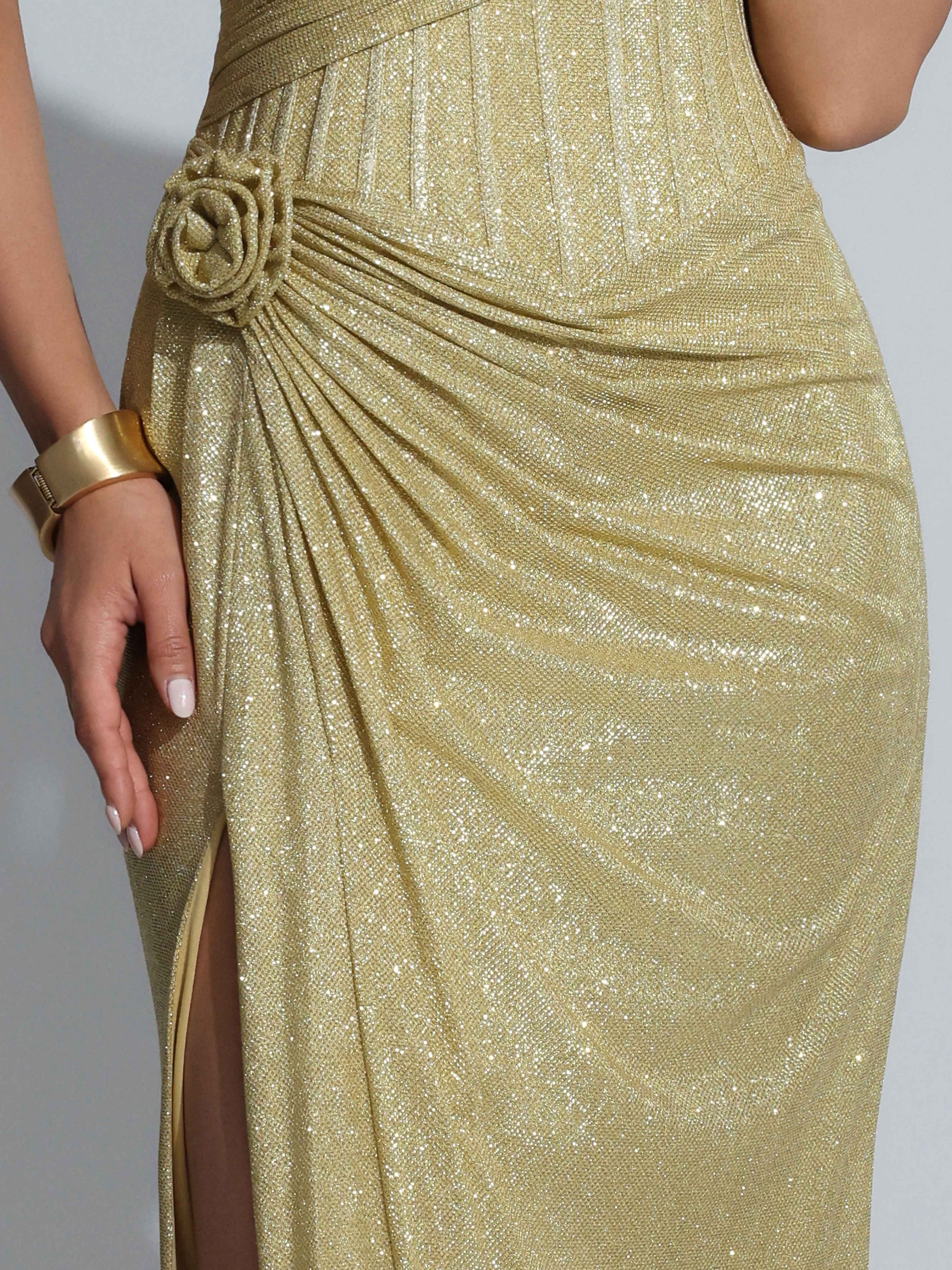 Saelith Stunning Sheath One Shoulder Flower Pleated Slit Long Glitter Prom Dresses