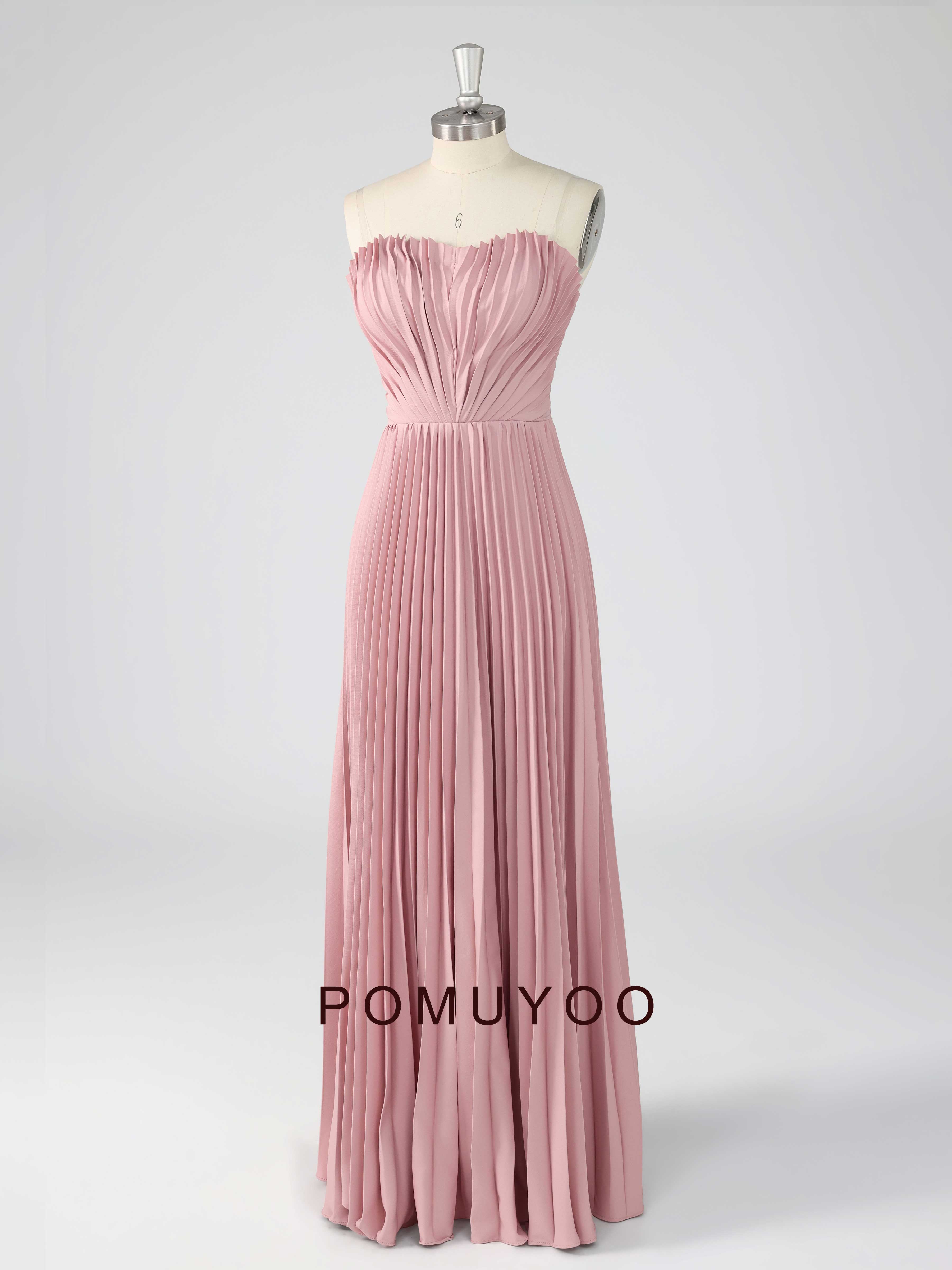 Saelithia Trendy Strapless Pleated Satin Long Prom Dresses