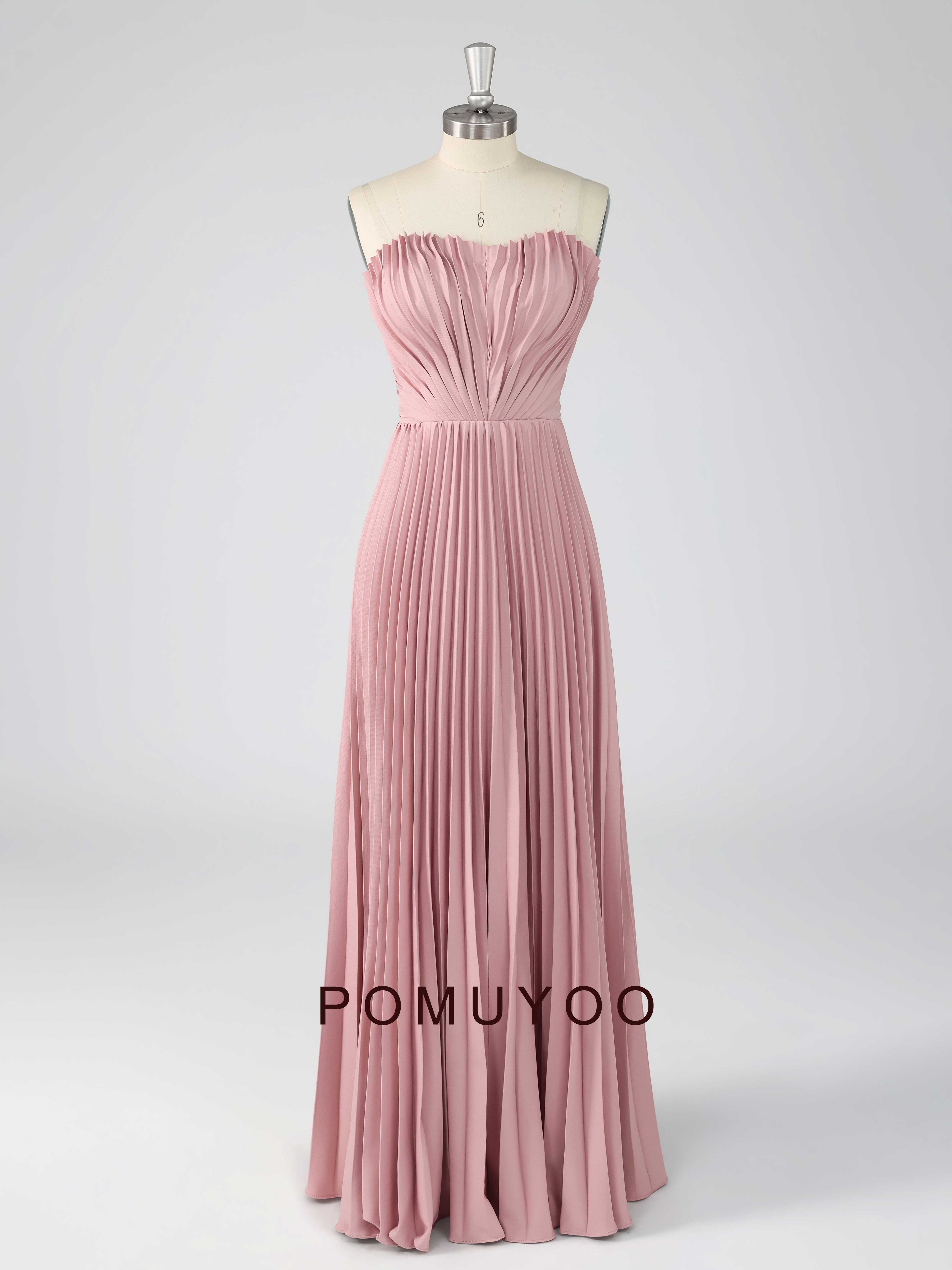 Saelithia Trendy Strapless Pleated Satin Long Prom Dresses