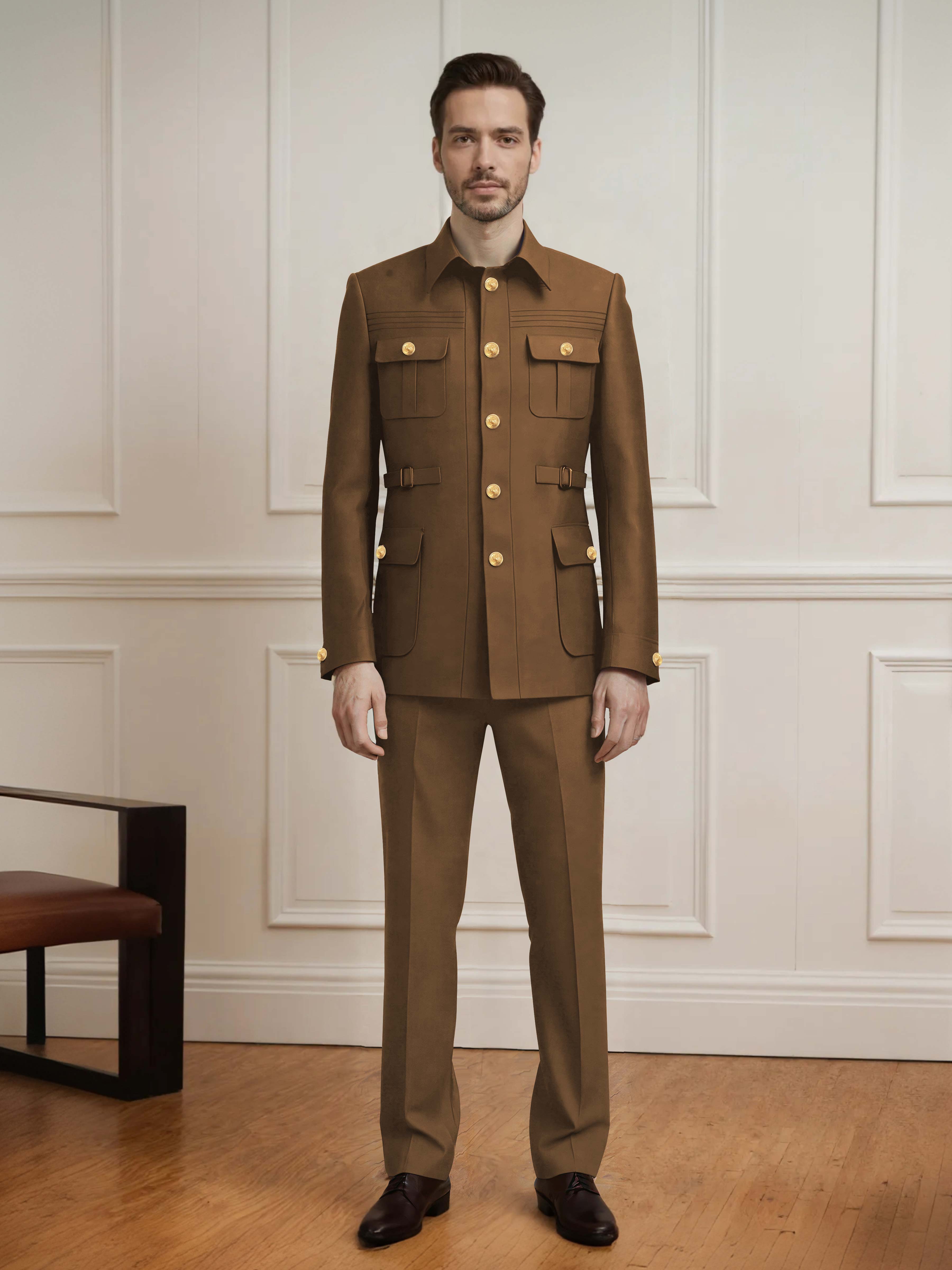 Safari Style Men's 2 Pieces Single Breasted With Belt Casual Suit