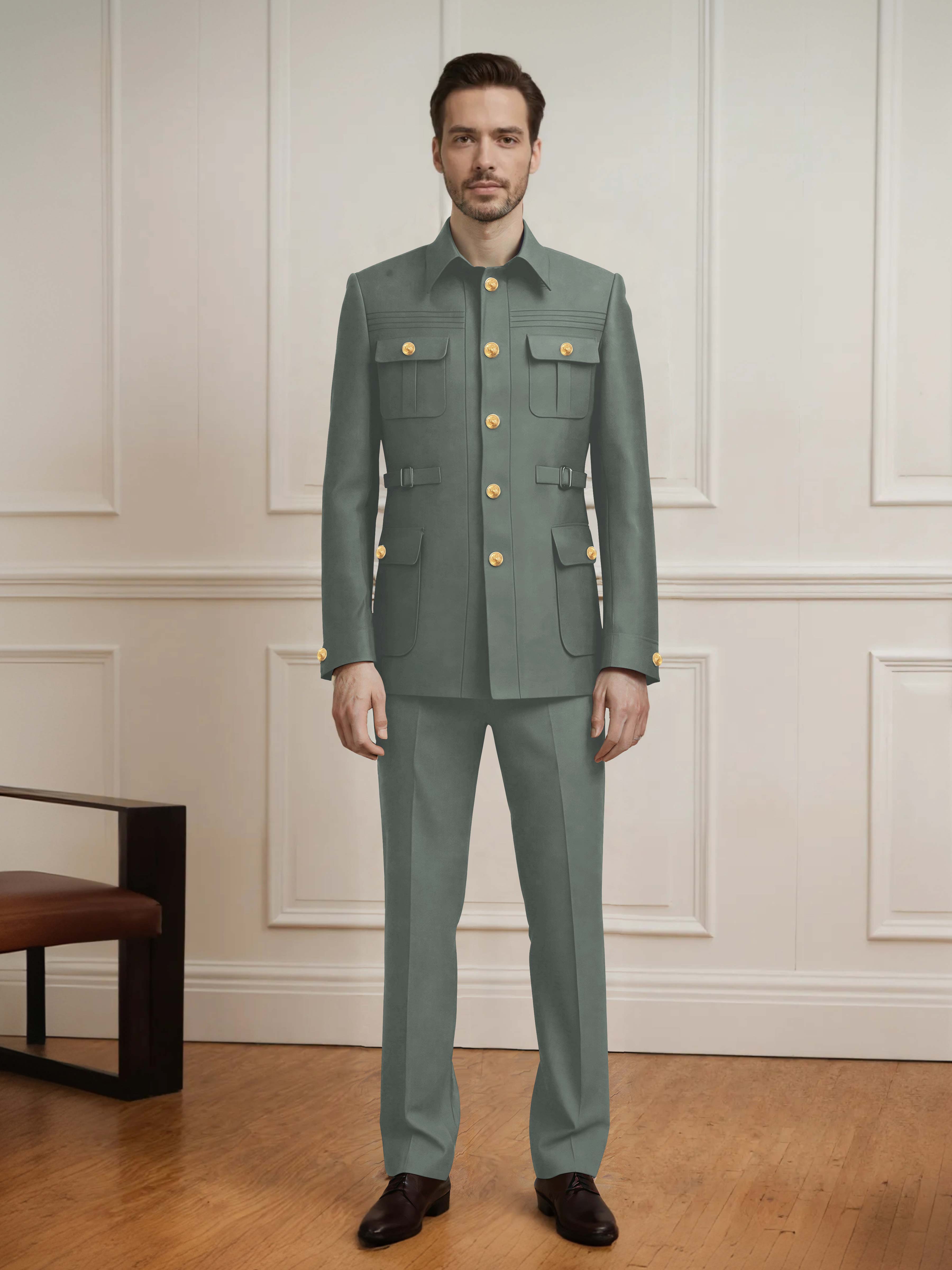 Safari Style Men's 2 Pieces Single Breasted With Belt Casual Suit