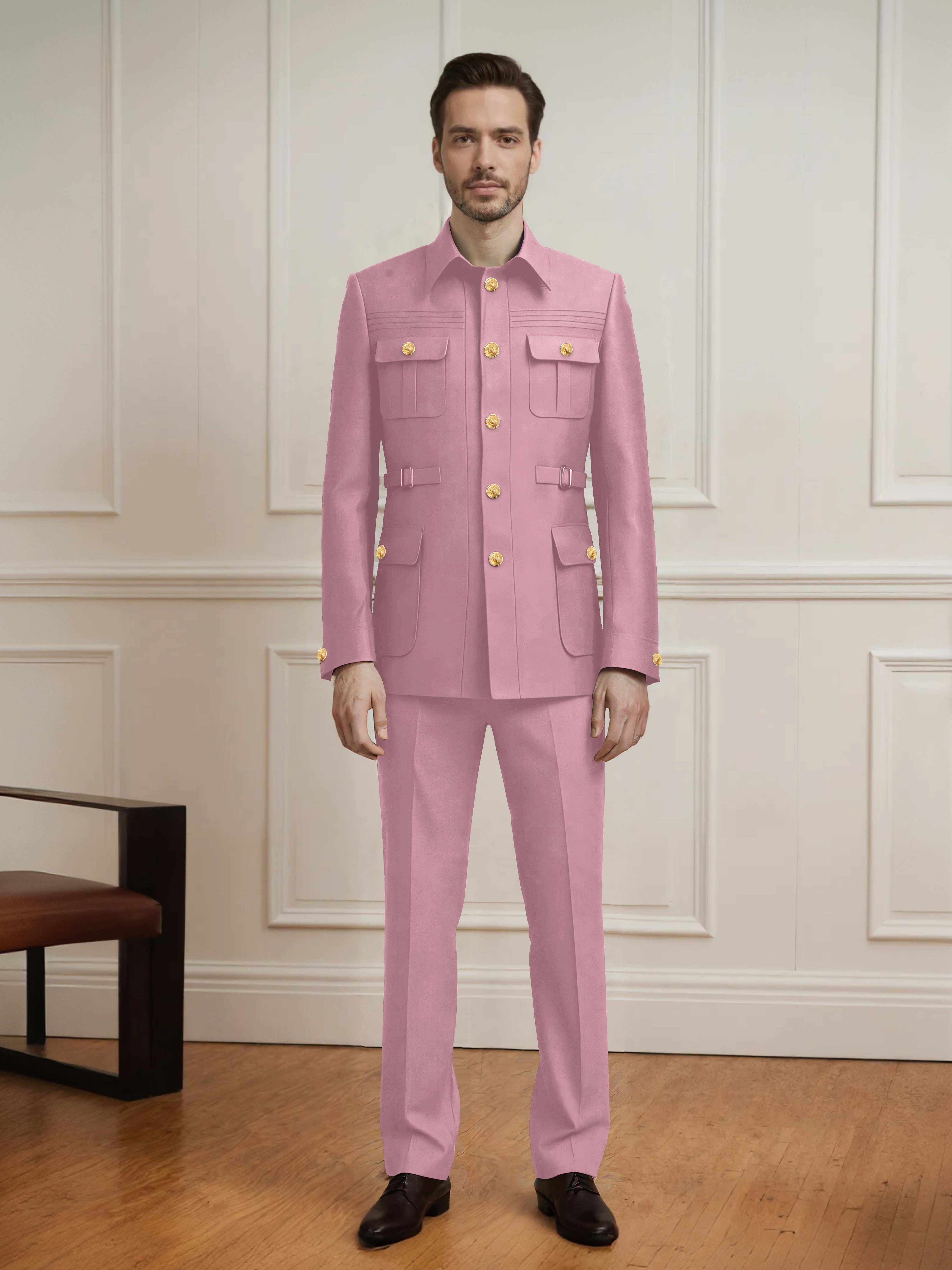 Safari Style Men's 2 Pieces Single Breasted With Belt Casual Suit