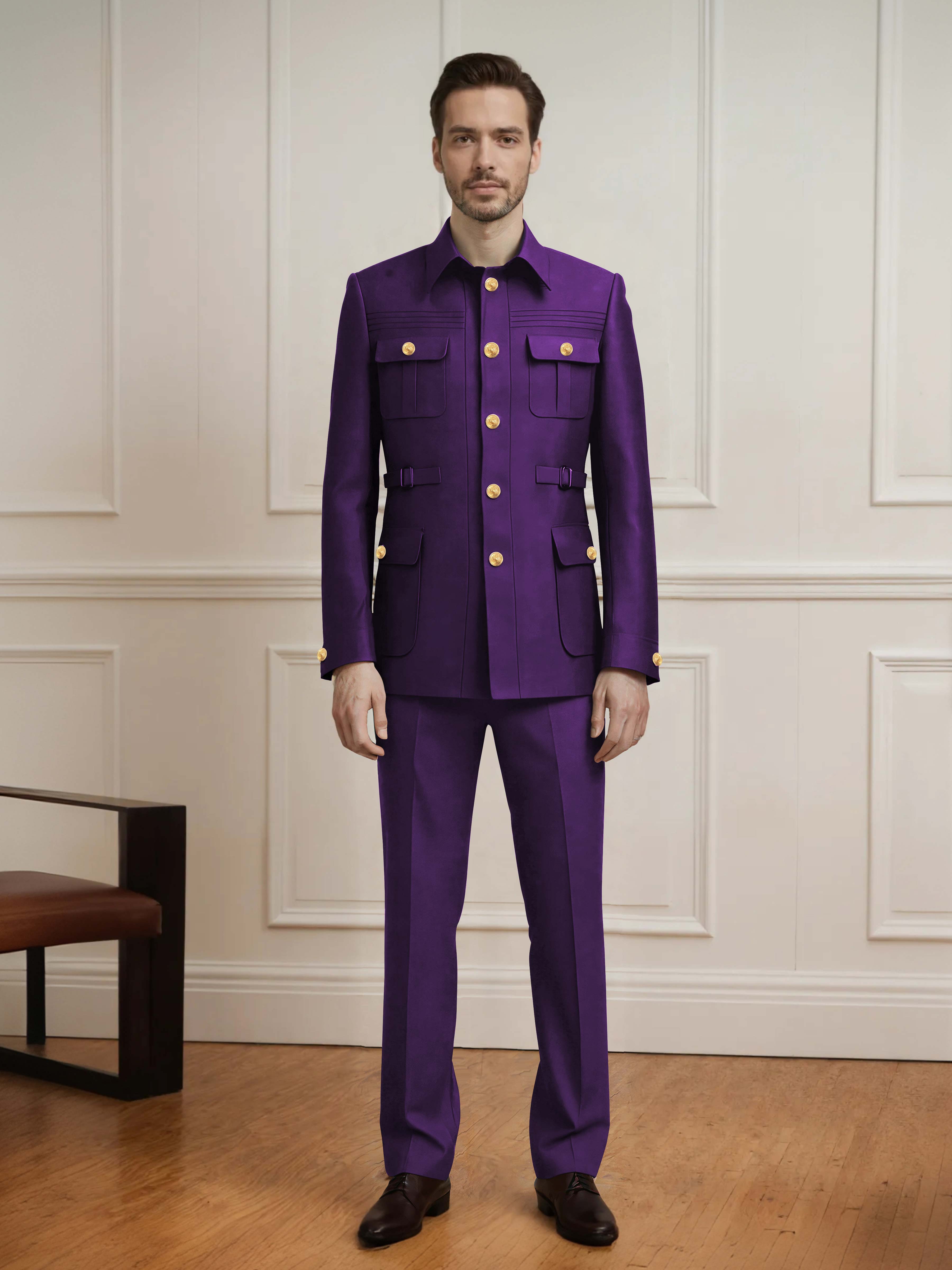 Safari Style Men's 2 Pieces Single Breasted With Belt Casual Suit