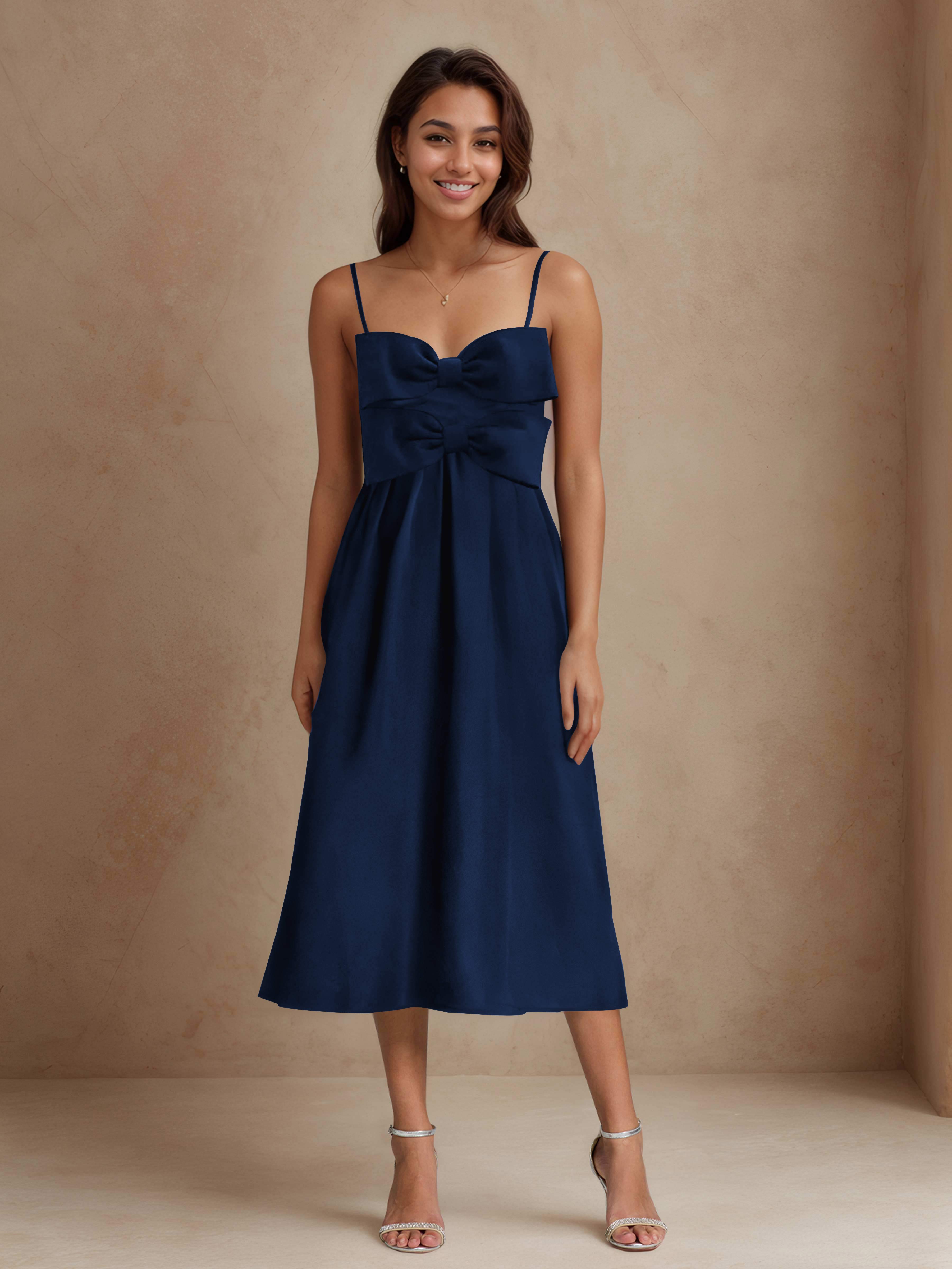 Savanna A-Line Spaghetti Straps Bow Midi Wedding Guest Dresses, Navy Blue Savanna A-Line Spaghetti Straps Bow Midi Wedding Guest Dresses, Navy Blue