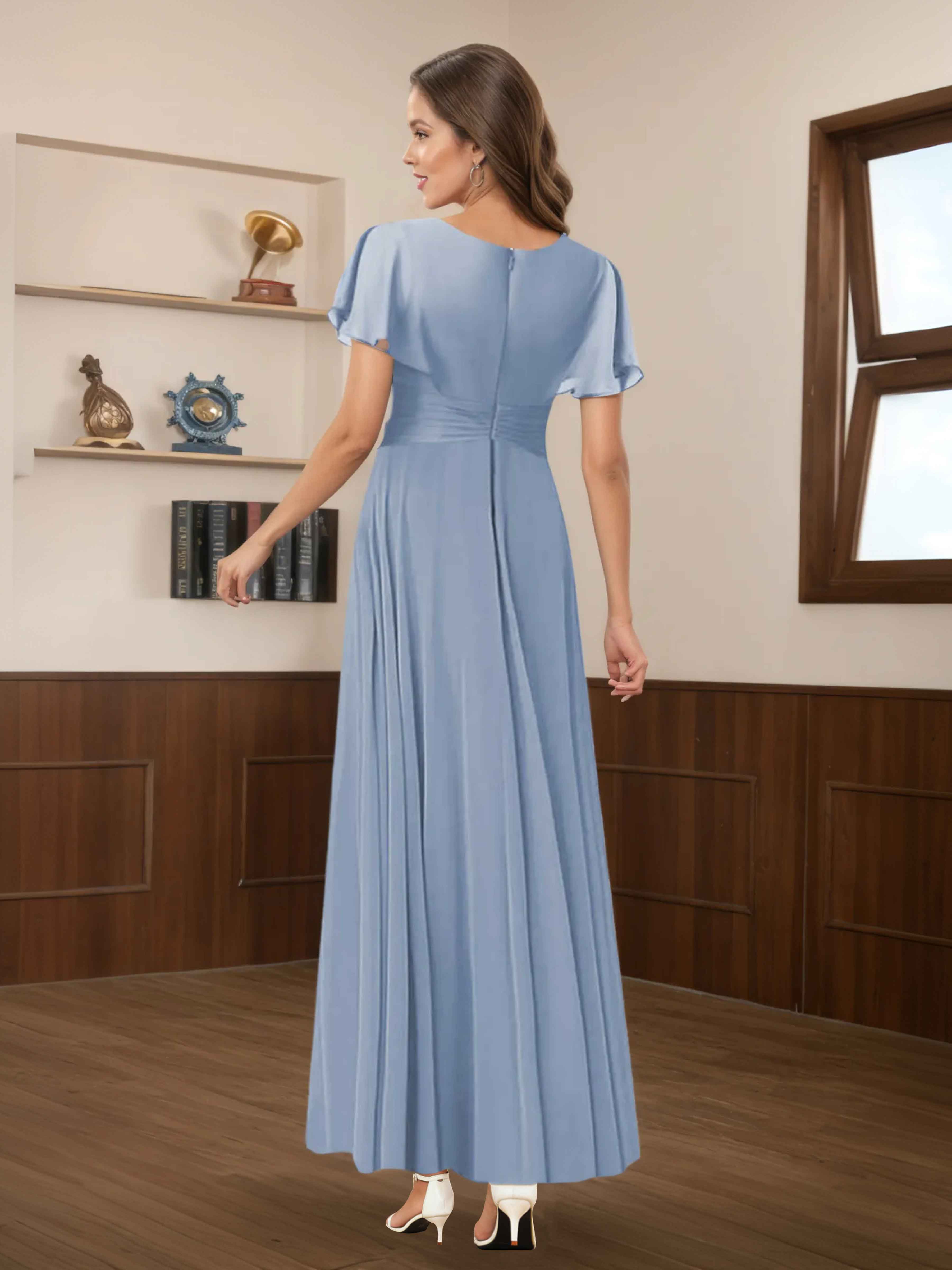 Seraphina A-Line V Neck Ruched Appliques Long Chiffon Mother of the Bride Dresses