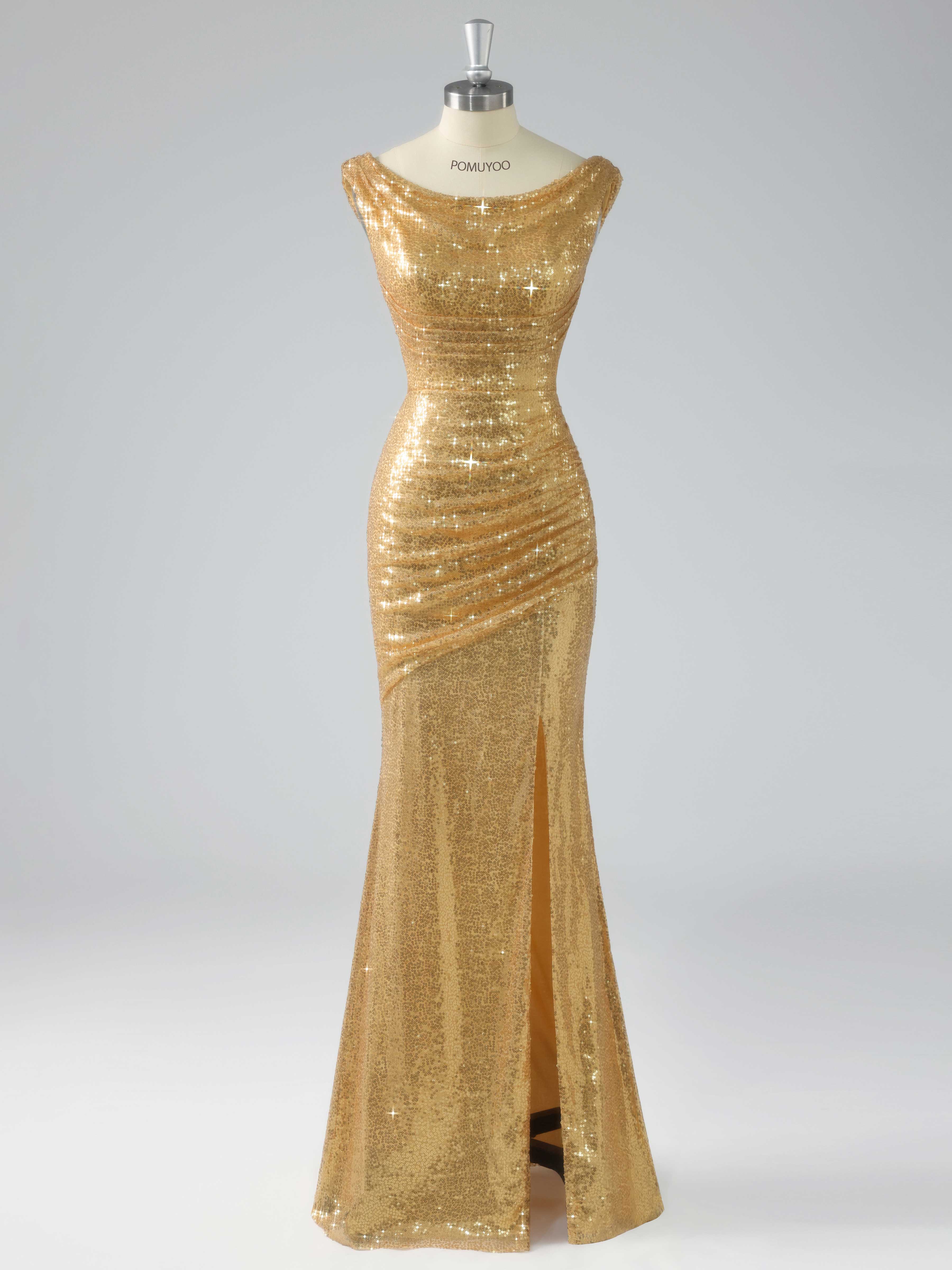 Sexy Cowl Mermaid Ruched Slit Floor Length Sequins Prom Dresses