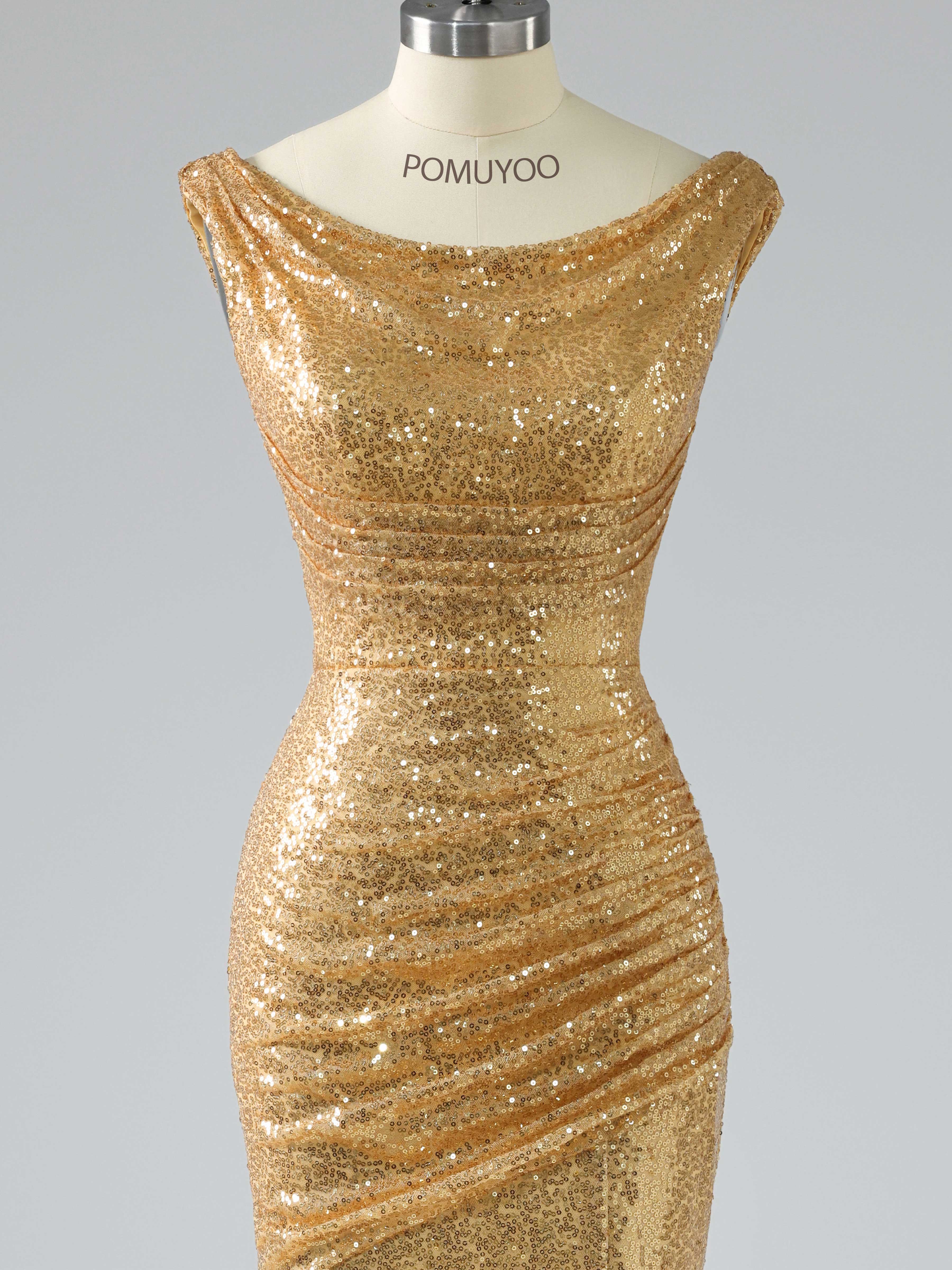 Sexy Cowl Mermaid Ruched Slit Floor Length Sequins Prom Dresses