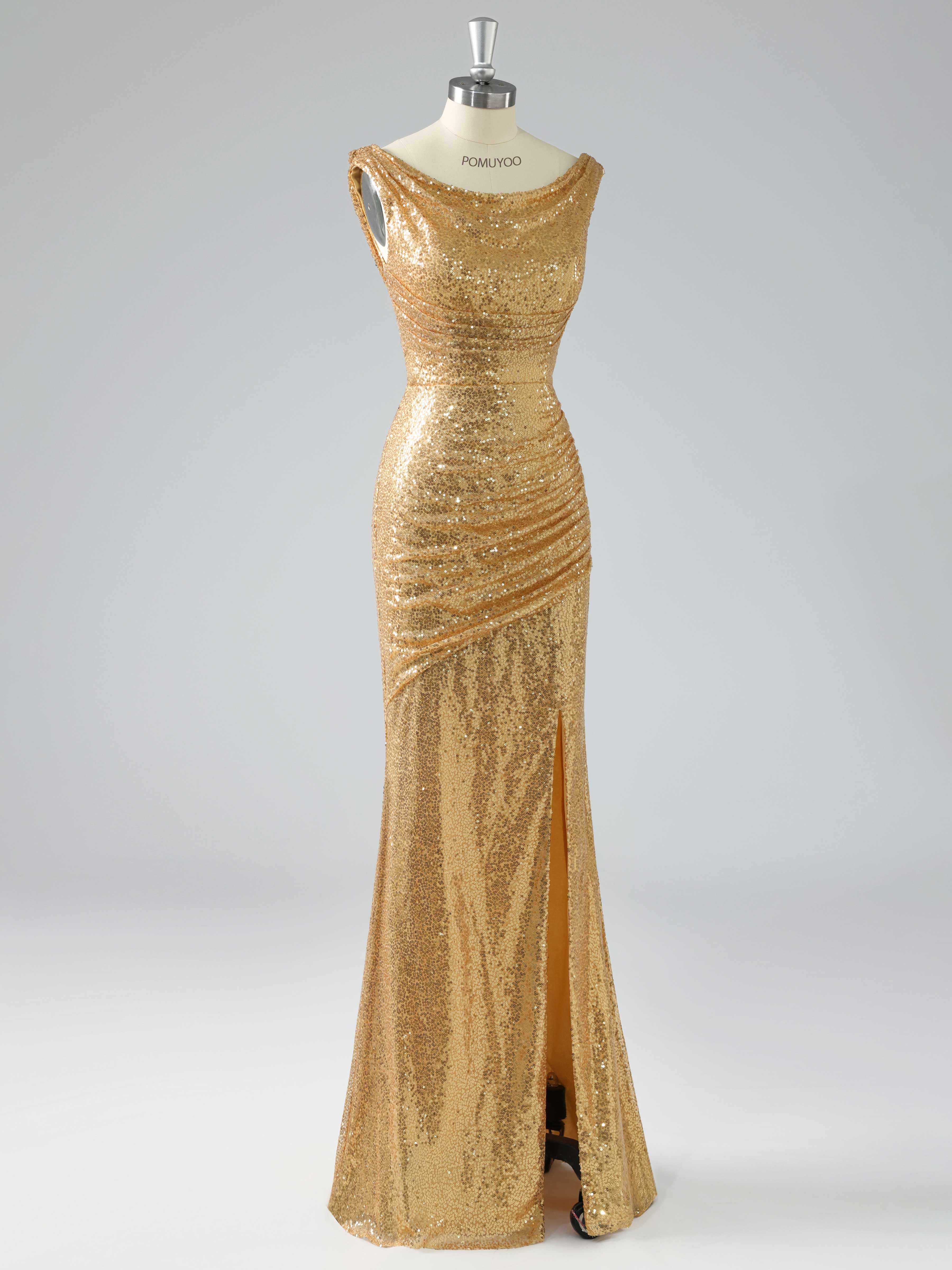 Sexy Cowl Mermaid Ruched Slit Floor Length Sequins Prom Dresses