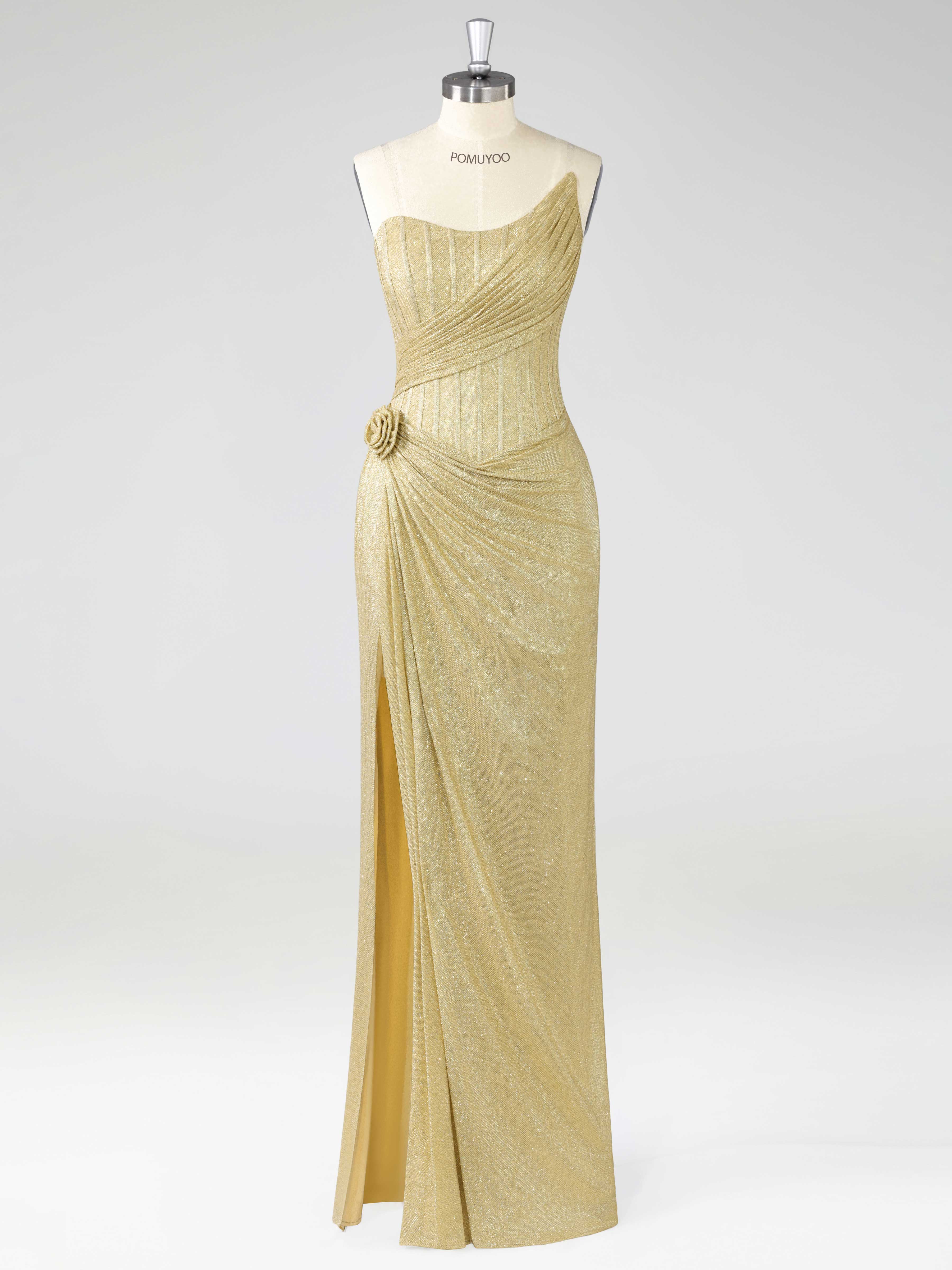 Sheath One Shoulder Asymmetrical Flower Corset Slit Glitter Prom Dresses