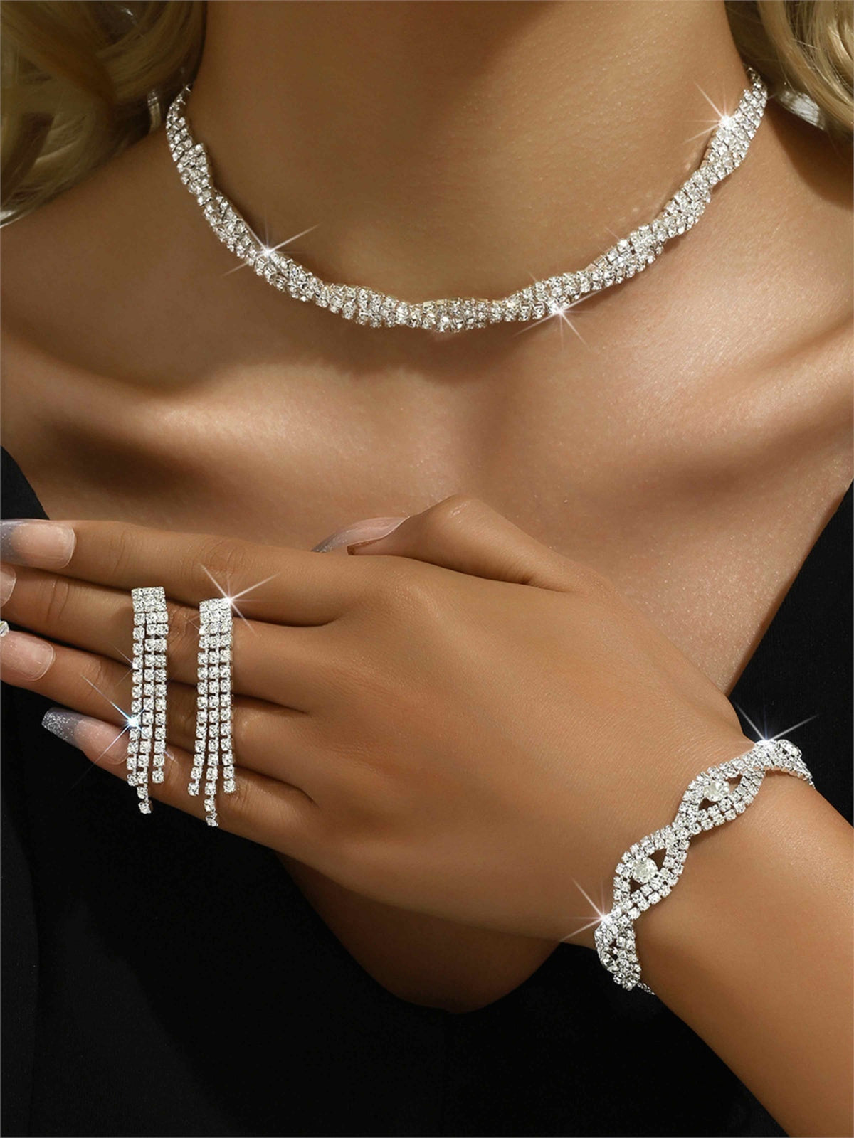 Silver Rhinestone Formal Jewelry Set