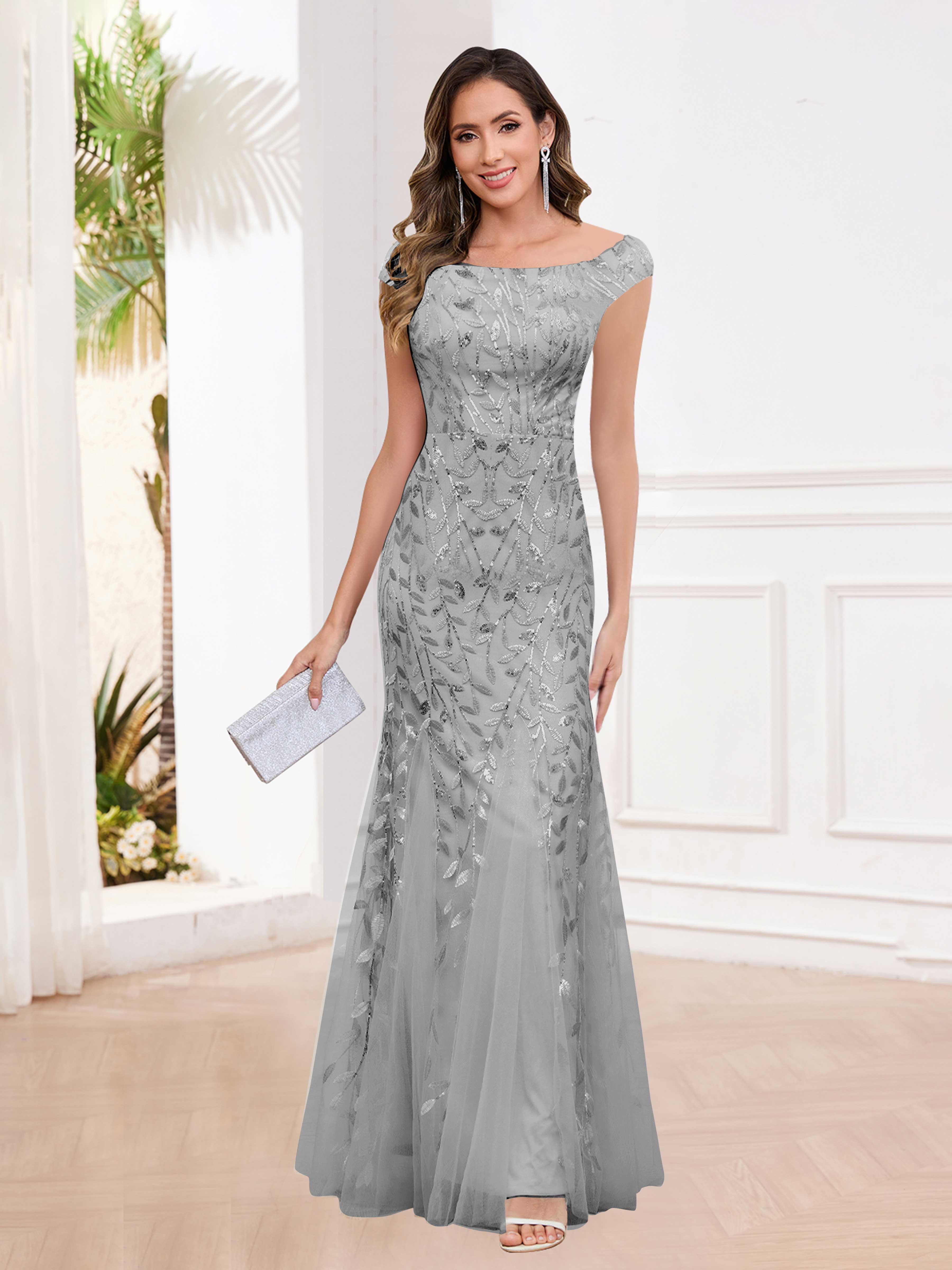 Aelindra Modern Sheath Leaf Sequins Long Mother of the Bride & Groom Dresses