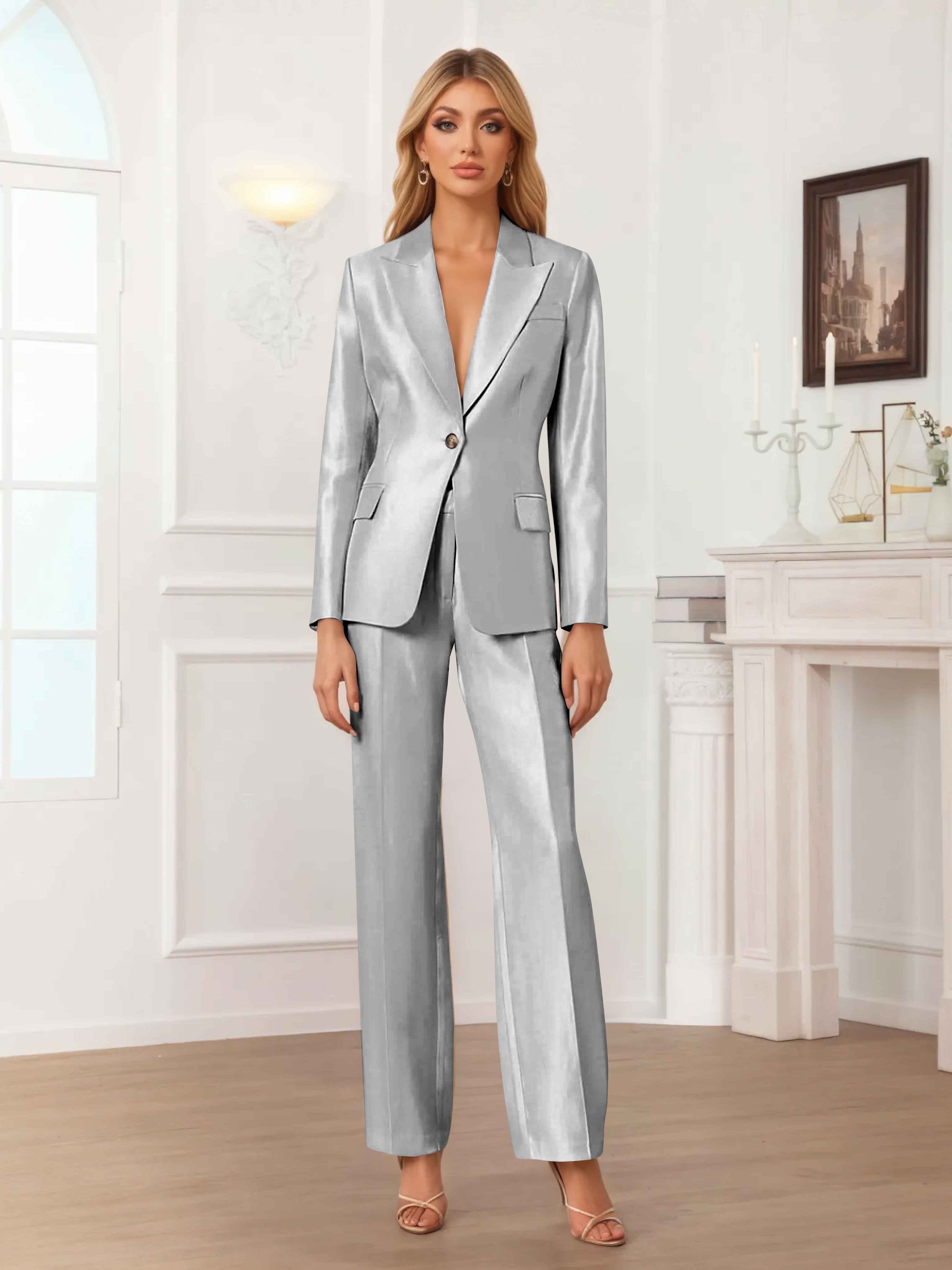 Women's 2 Pieces Peak Lapel One-Button Satin Formal Suit Set