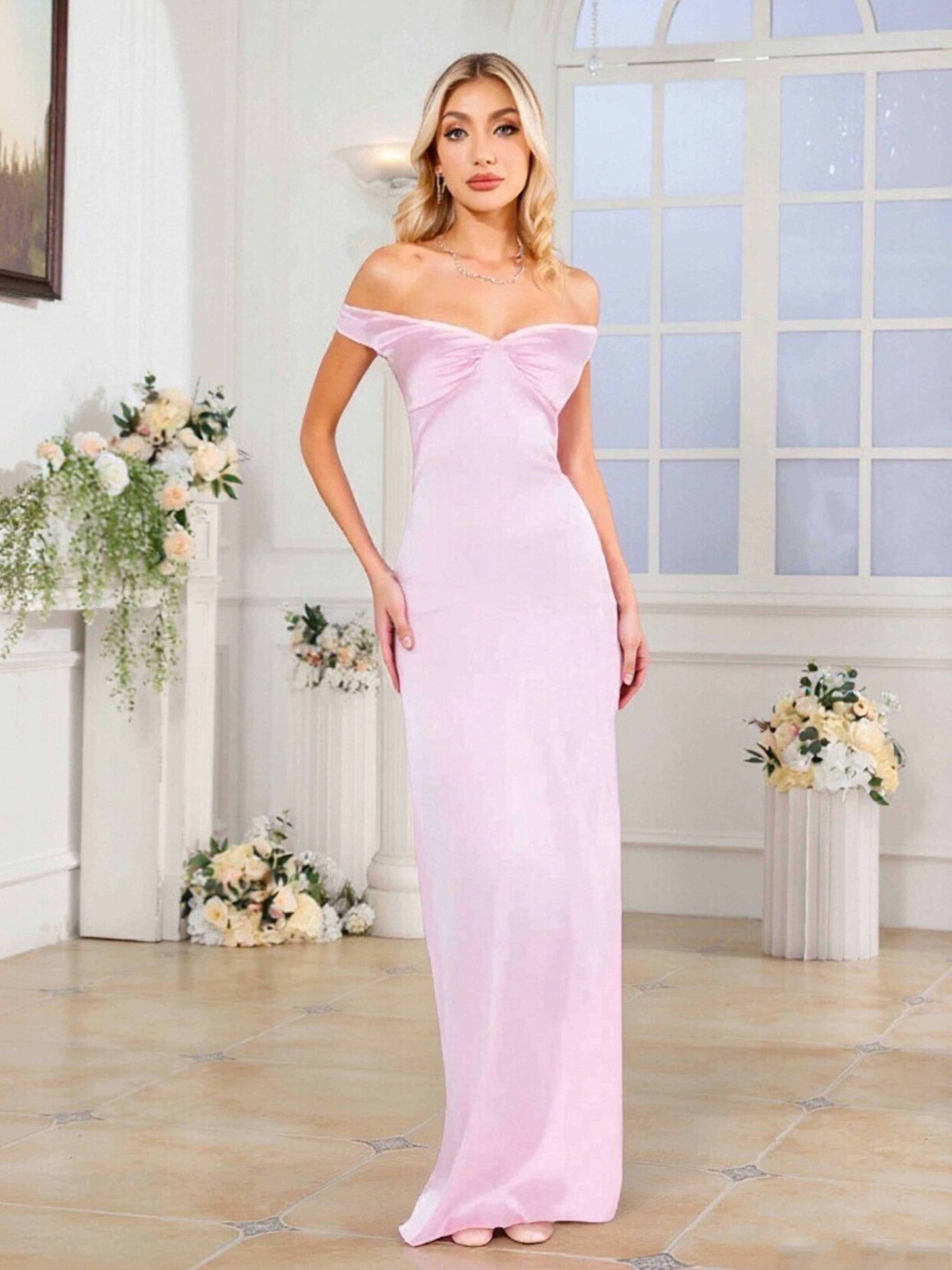 Simple Off The Shoulder Sheath Backless Long Satin Prom Dresses