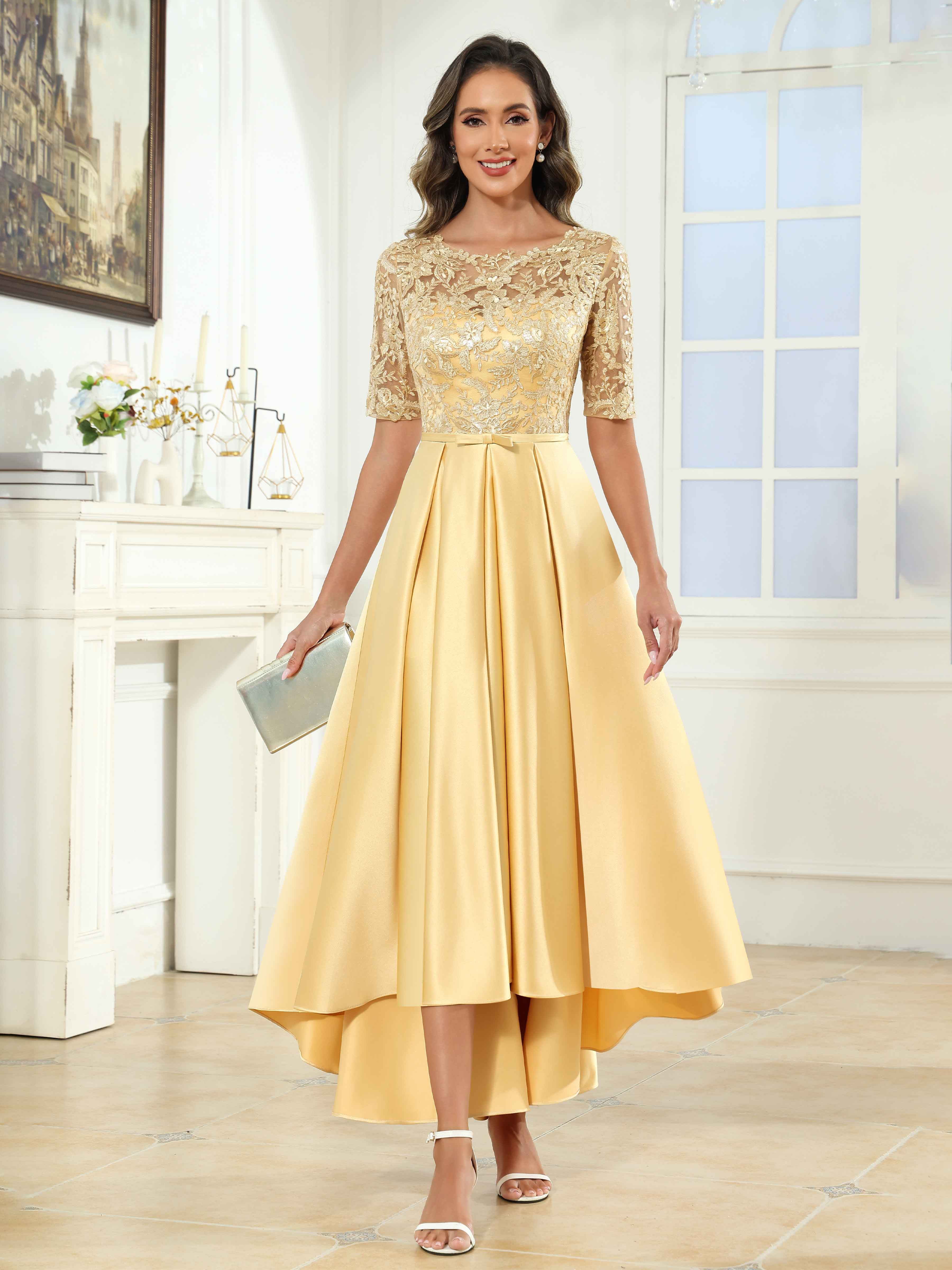 Sky Delicate A-Line Illusion Half Sleeves Satin Mother of The Bride Dresses, As Picture Sky Delicate A-Line Illusion Half Sleeves Satin Mother of The Bride Dresses, As Picture