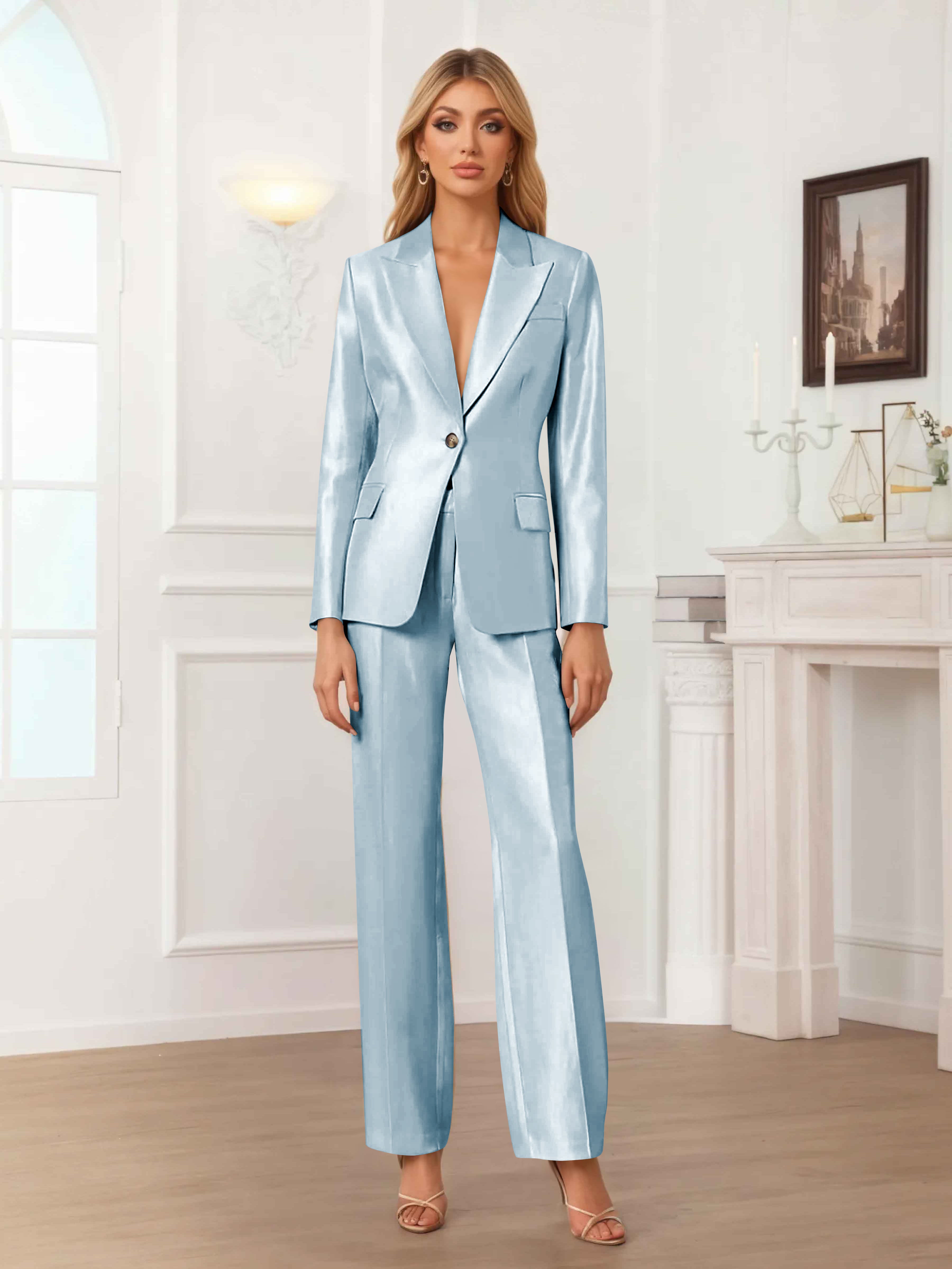 Women's 2 Pieces Peak Lapel One-Button Satin Formal Suit Set