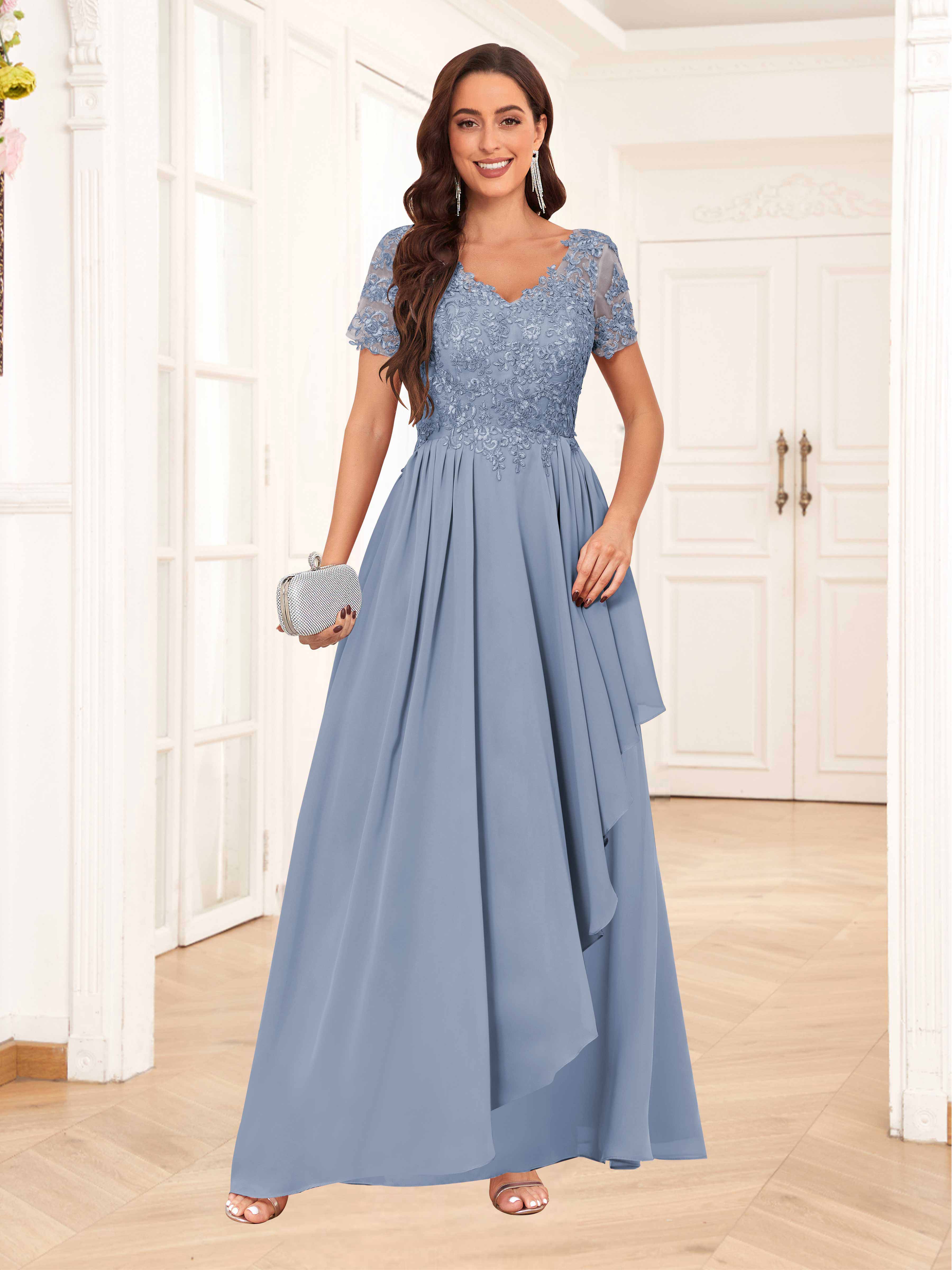 Skyler Charming V Neck Lace Long Chiffon Mother of the Bride Dresses, Dusty Blue Skyler Charming V Neck Lace Long Chiffon Mother of the Bride Dresses, Dusty Blue