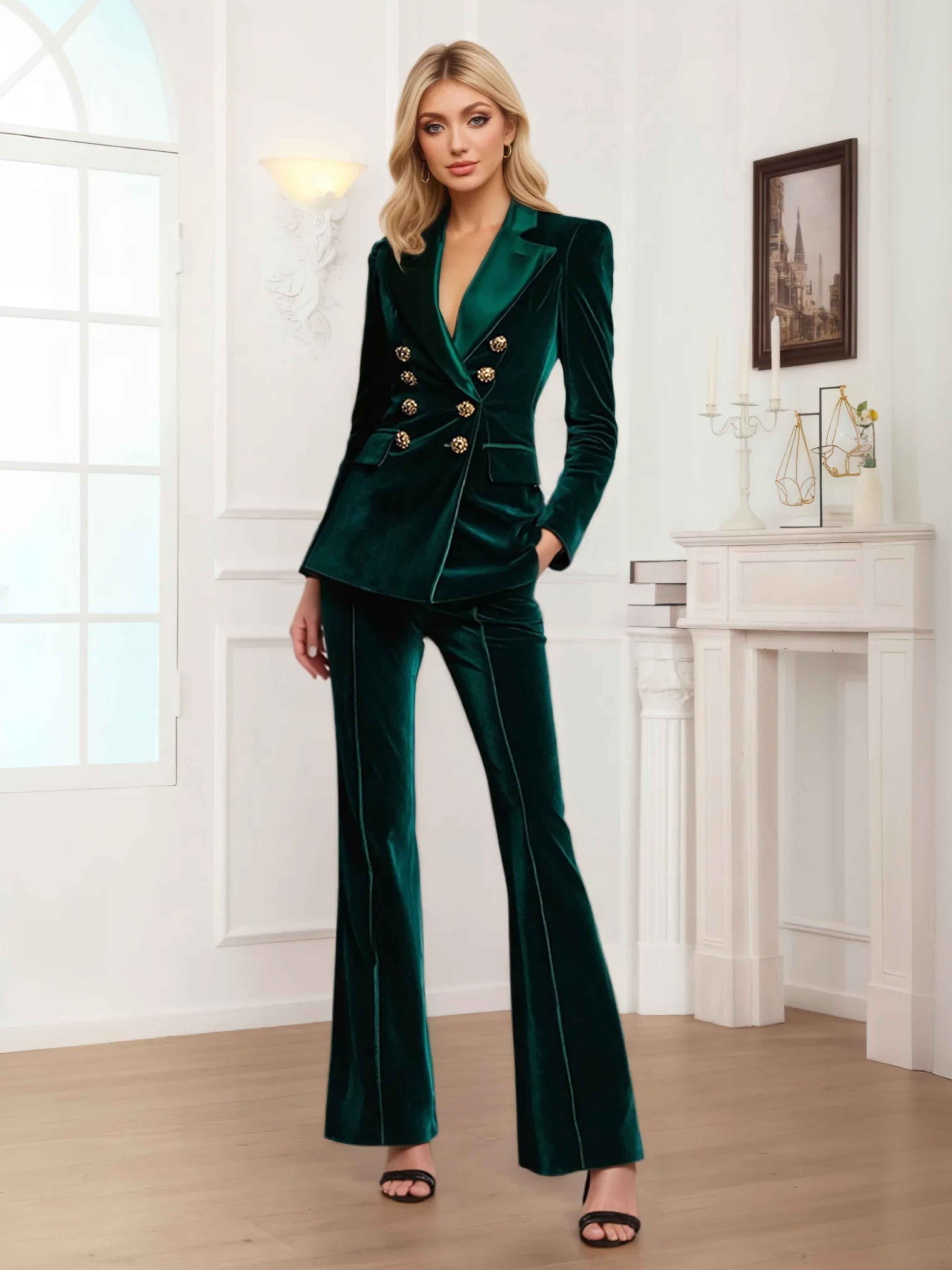 Sophisticated Women's Velvet Double Breasted Formal Suit Set