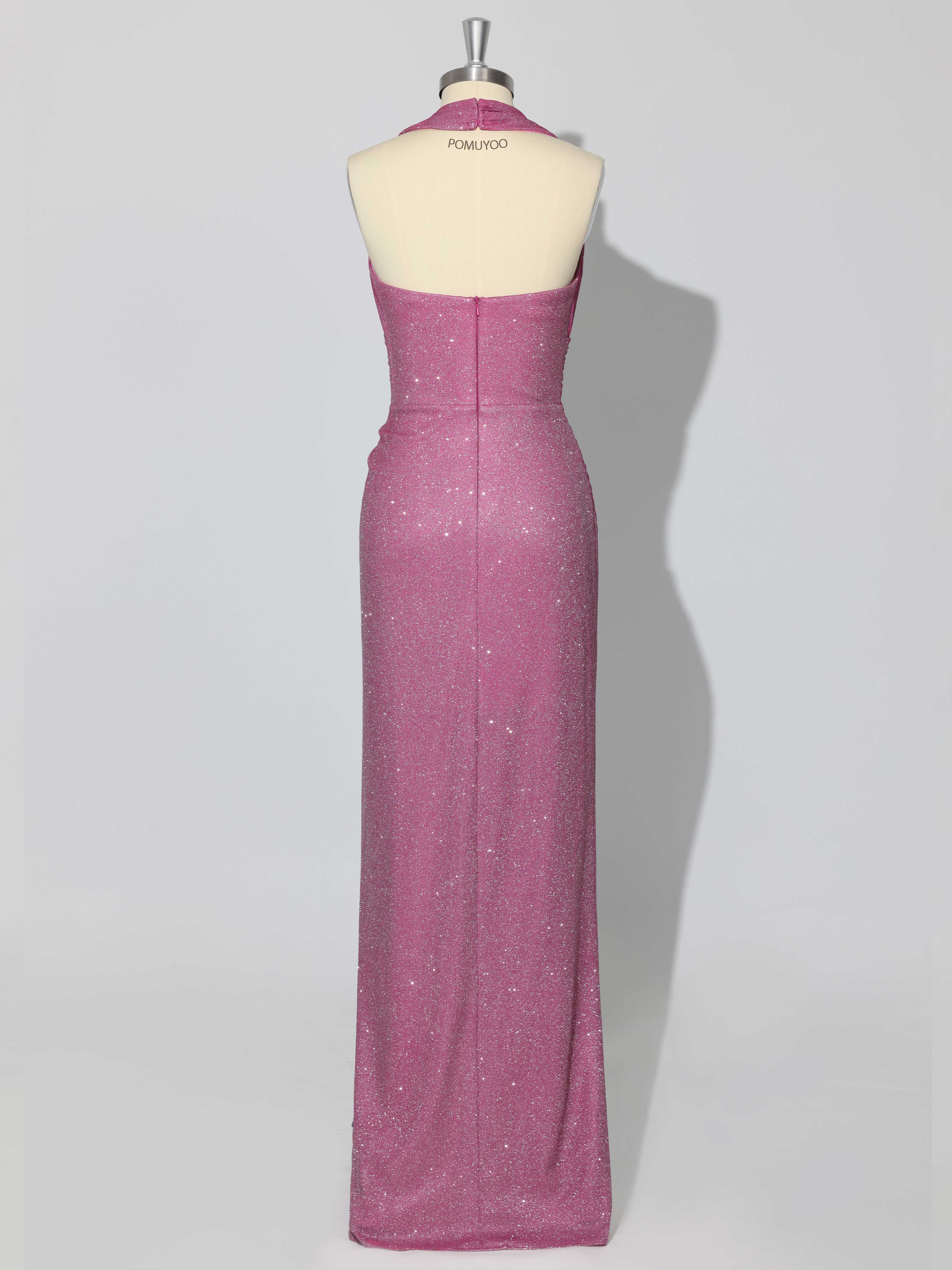 Stunning Halter V Neck Sheath Ruched Slit Long Prom Dresses