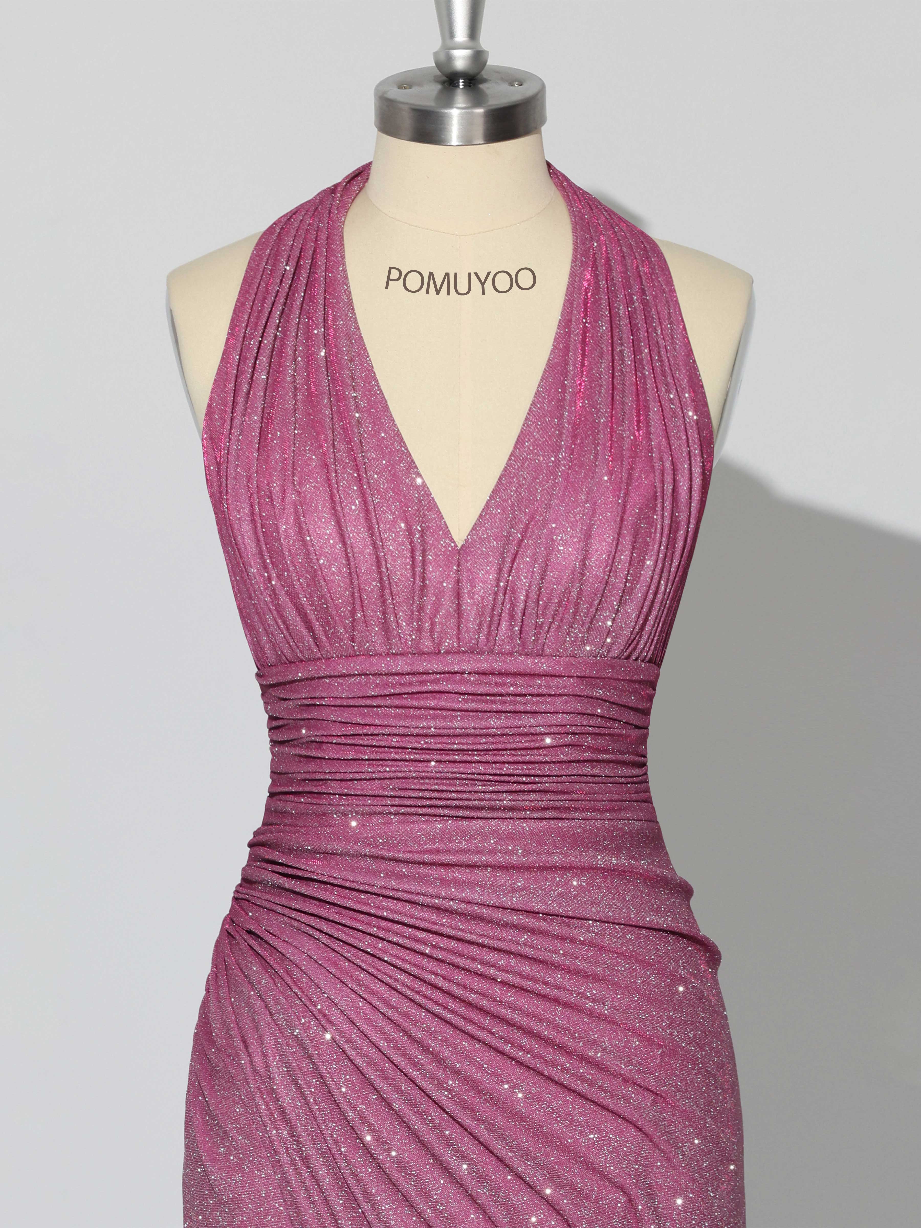 Stunning Halter V Neck Sheath Ruched Slit Long Prom Dresses