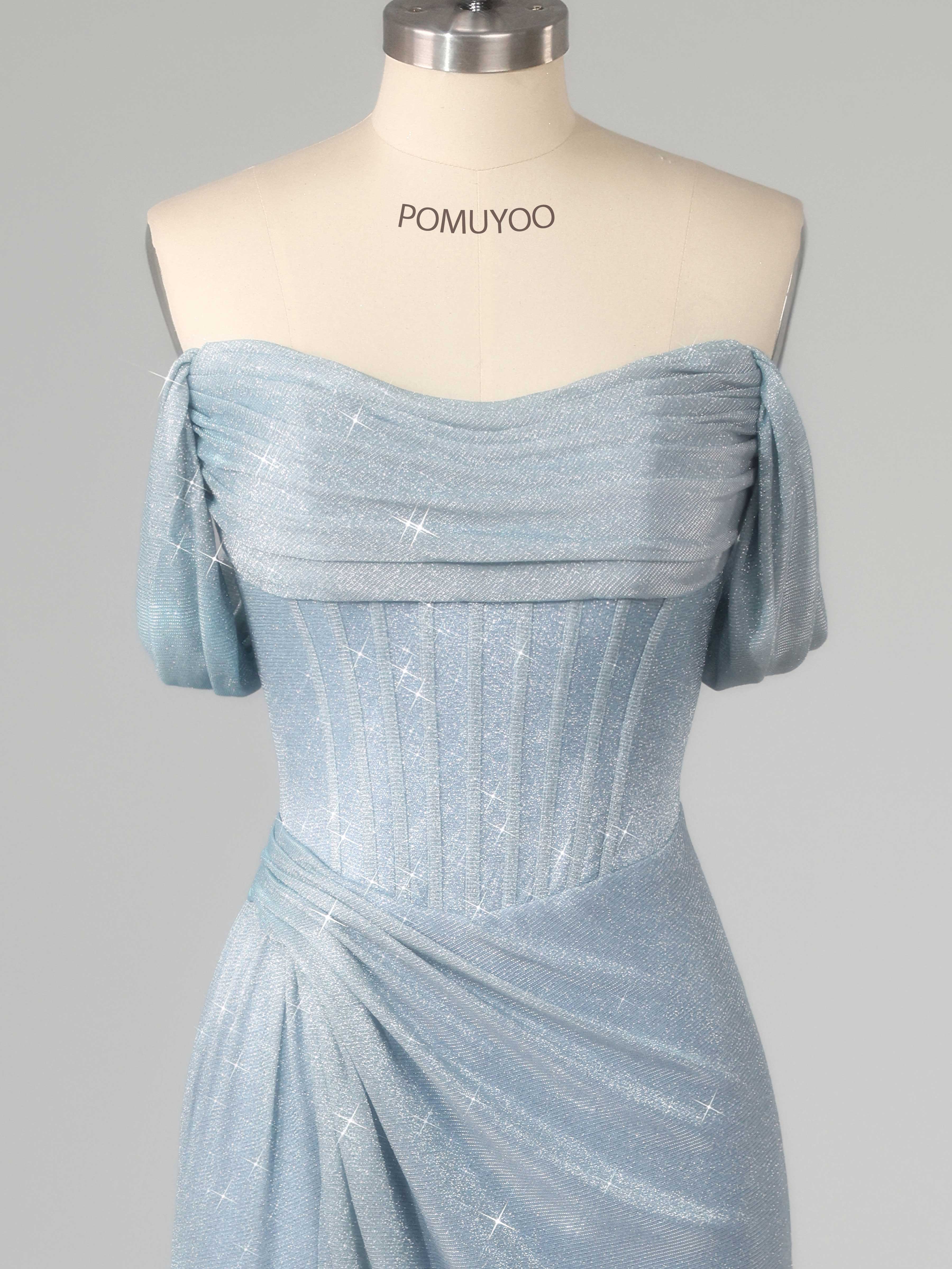 Stunning Off the Shoulder Corset Slit Floor Length Glitter Prom Dresses