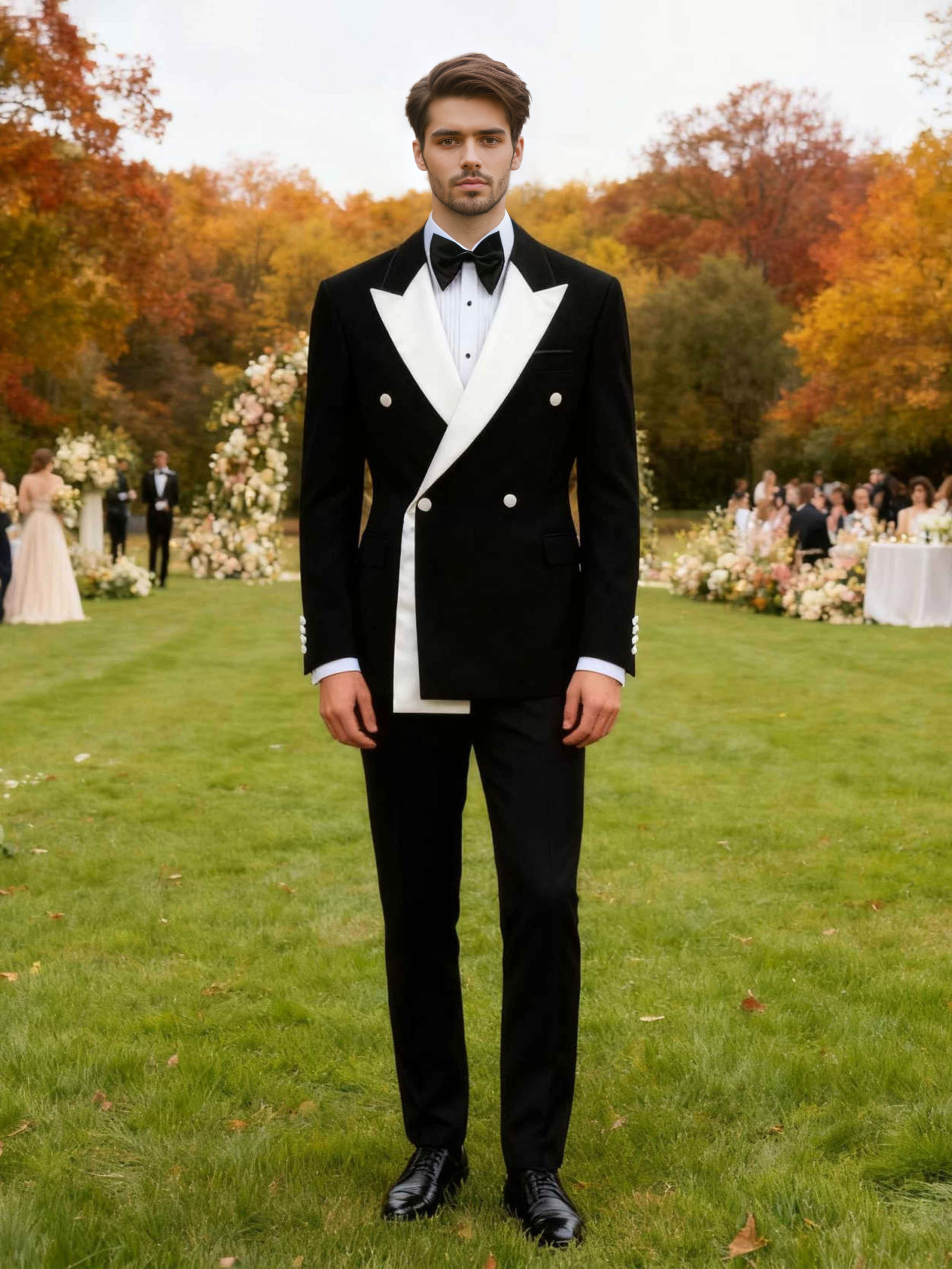 Stylish Contrast Trim Men's Double Breasted Blazer for Wedding Parties