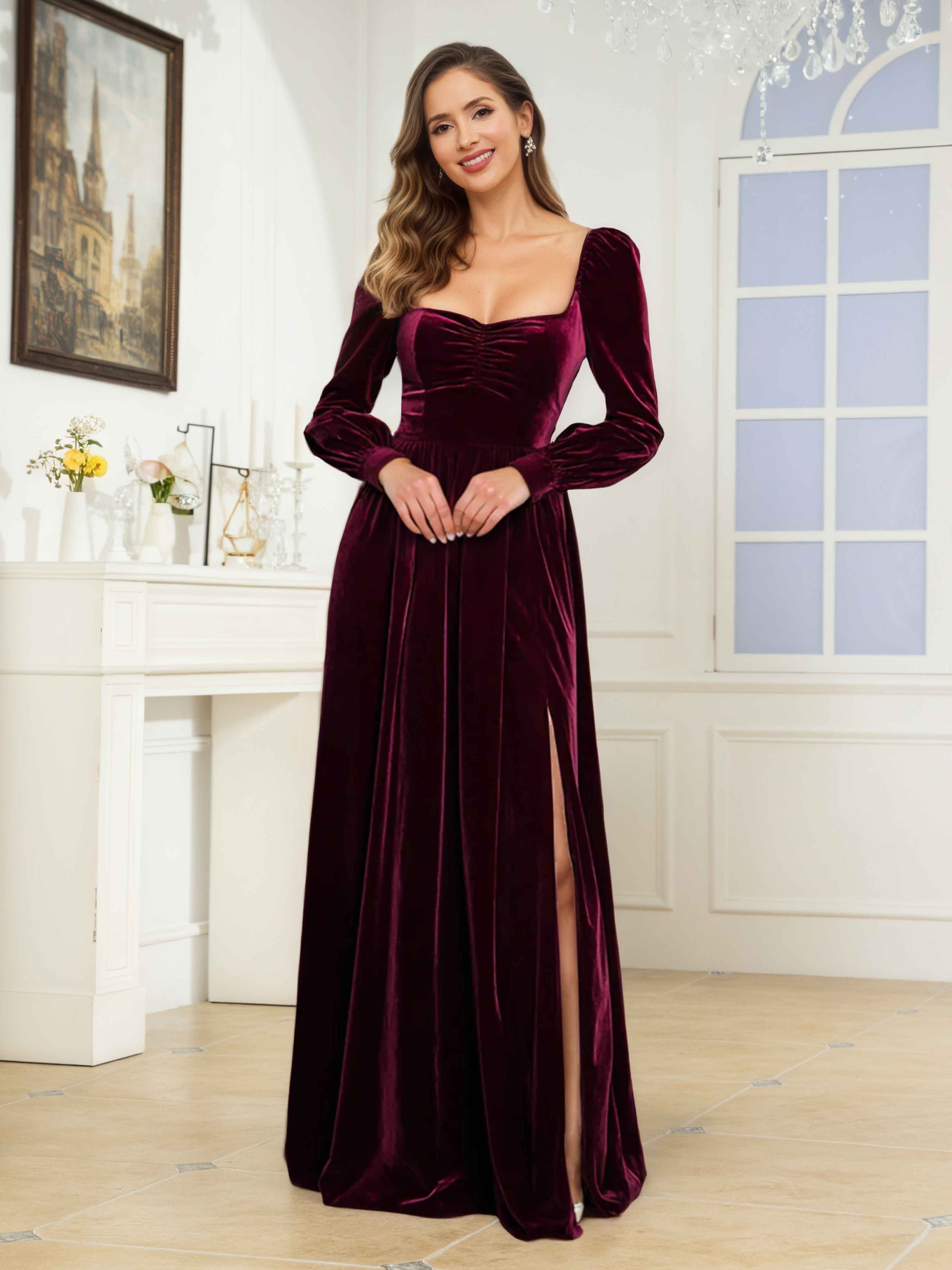 Sylvaine Elegant A-Line Square Long Sleeves Floor Length Velvet Bridesmaid Dresses, Navy Blue