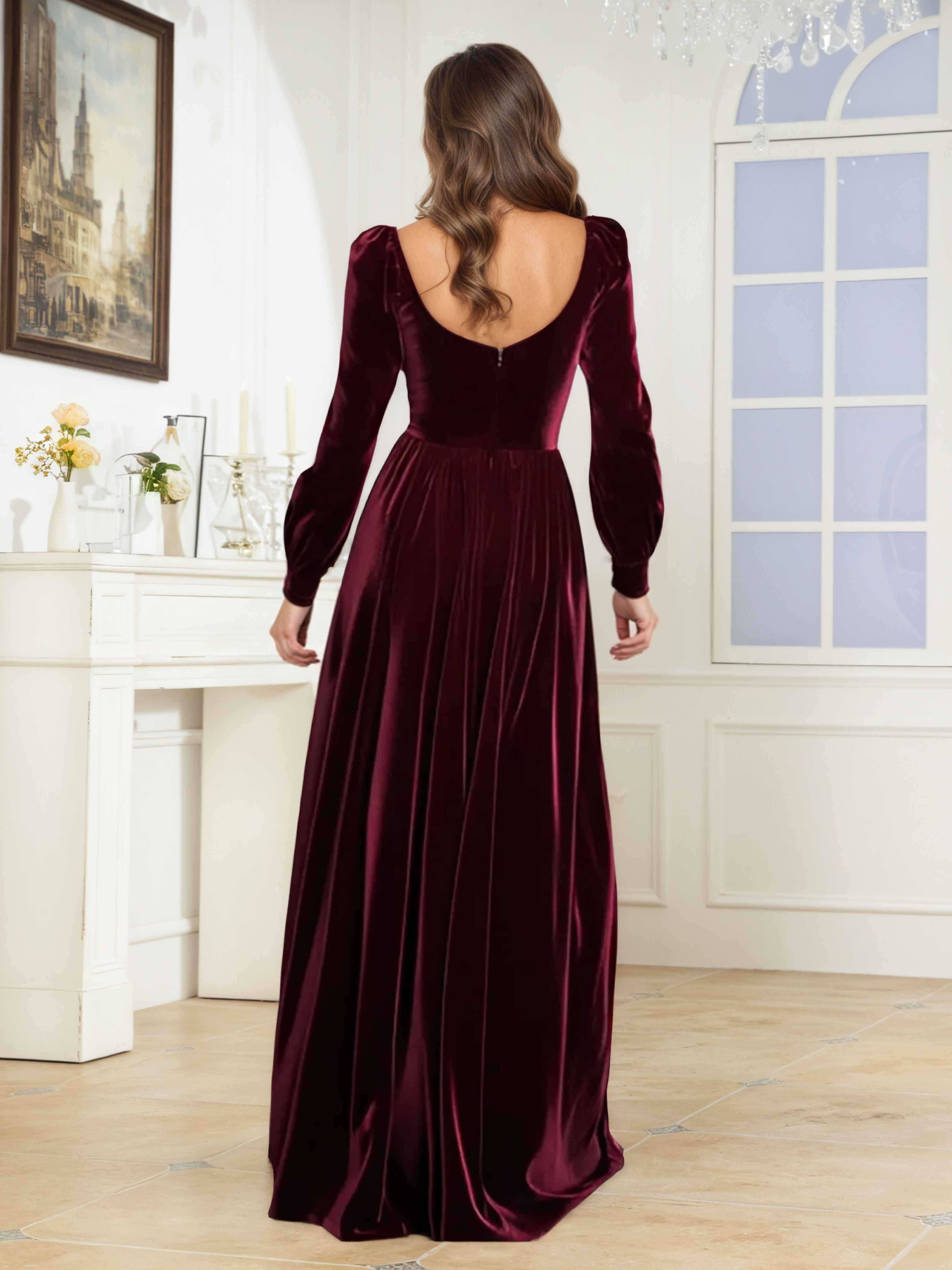 Sylvaine Elegant A-Line Square Long Sleeves Floor Length Velvet Bridesmaid Dresses